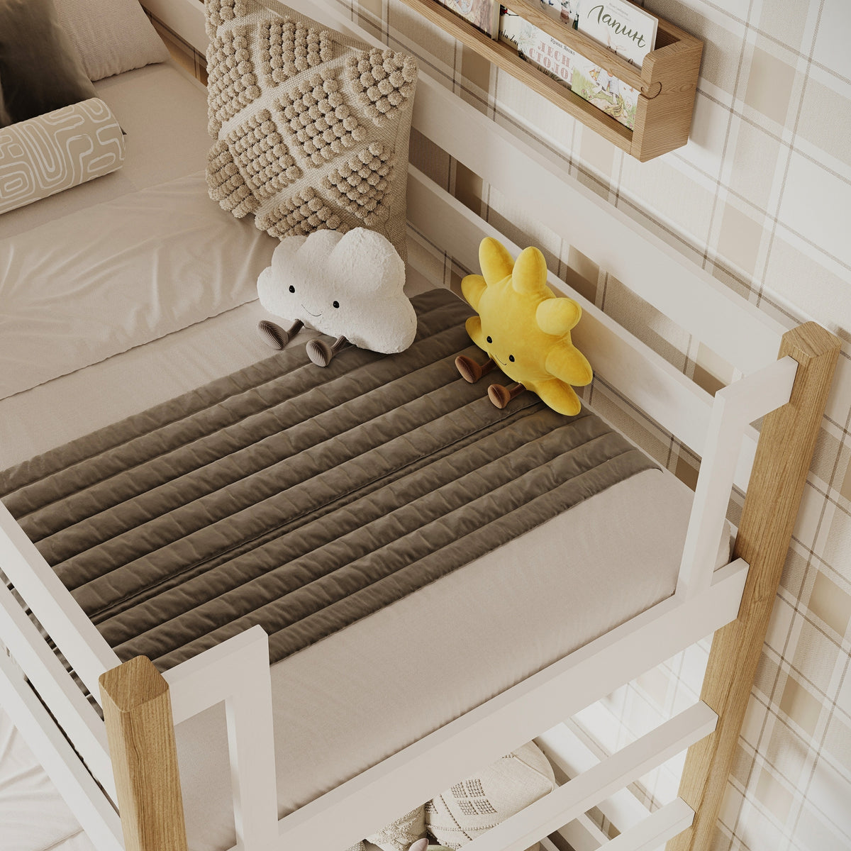 Letto a castello in legno bianco-quercia – dettaglio giunzioni e scala, stanza per bambini