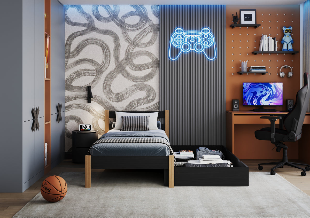 Black and Oak Bed with Drawer – Side View, Wooden, Nizio Home