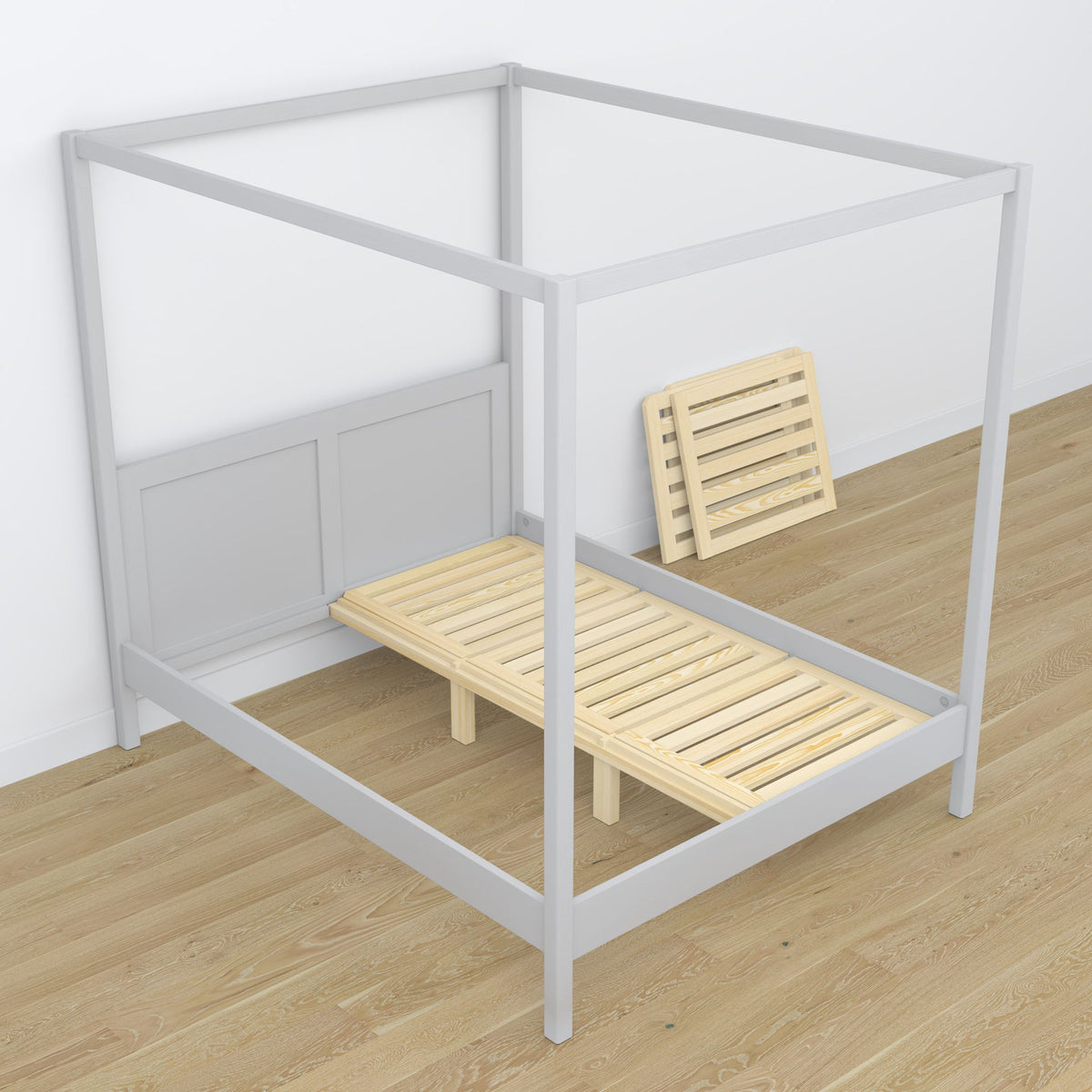 Canopy bed grey made of wood – angled view, bedroom