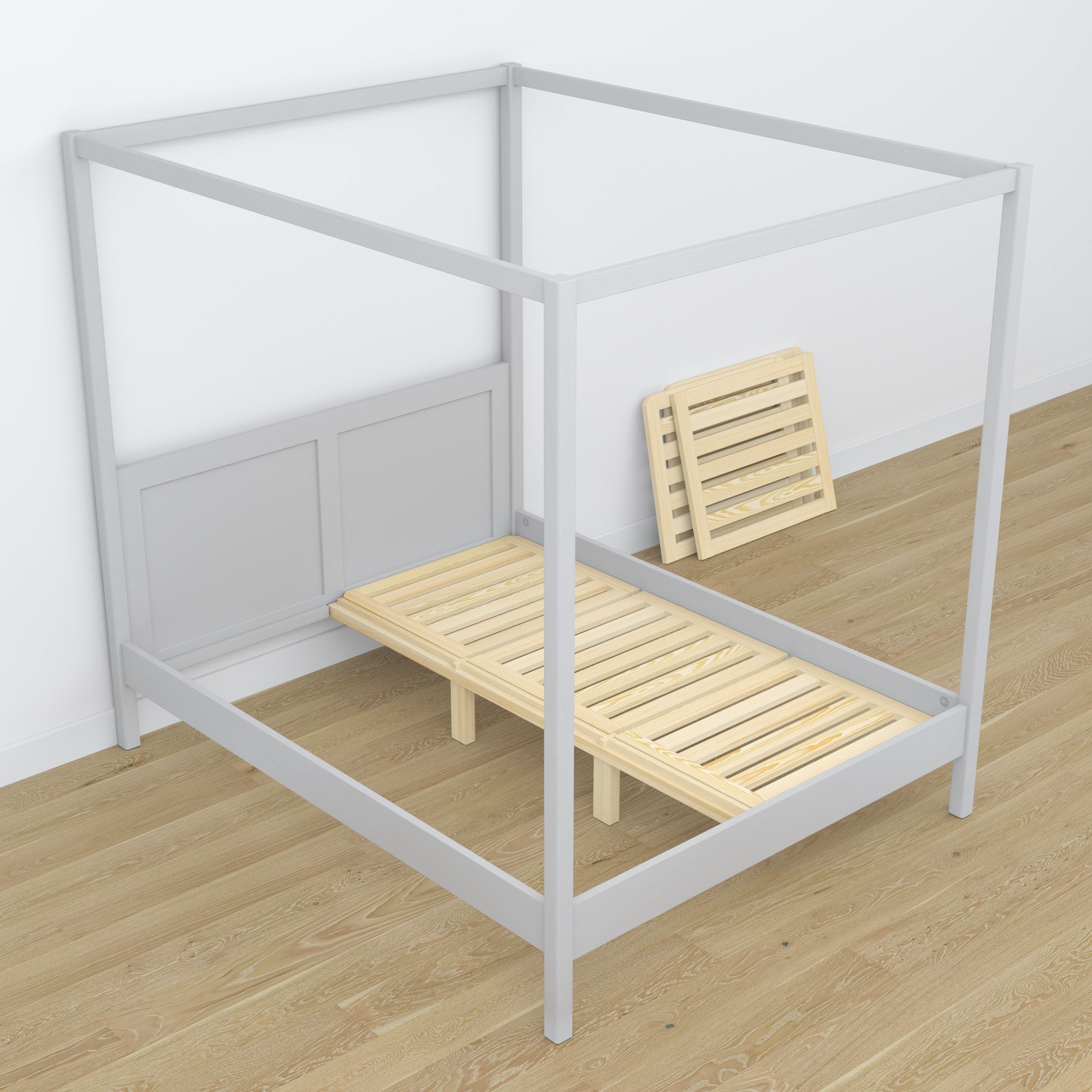 Canopy bed grey made of wood – angled view, bedroom