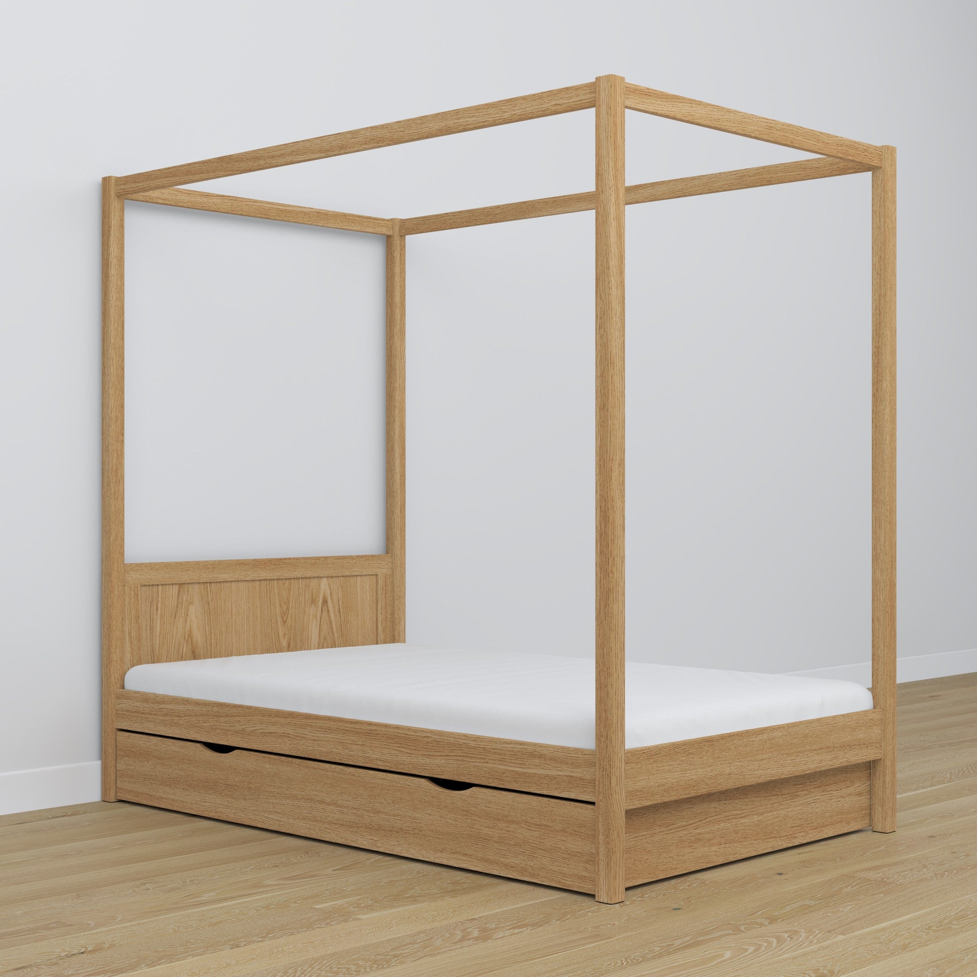 Oak canopy bed natural oak in a child’s room – scandi arrangement
