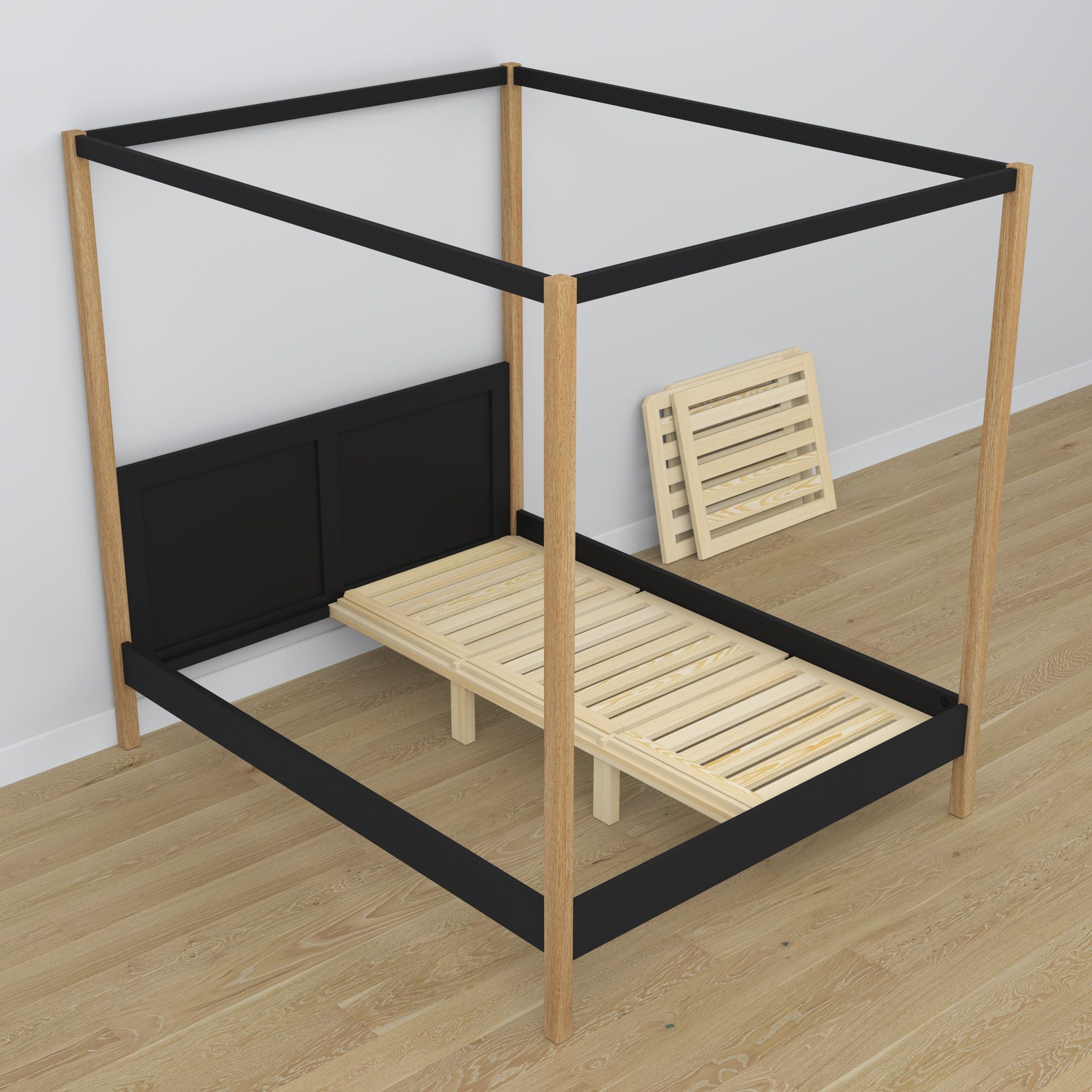 Black-oak canopy bed made of wood – angled view, bedroom