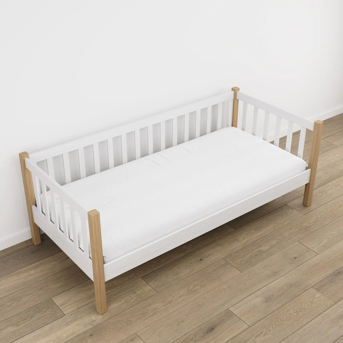 Letto divano bianco con quercia – gambe e base in legno, dettaglio su dettaglio