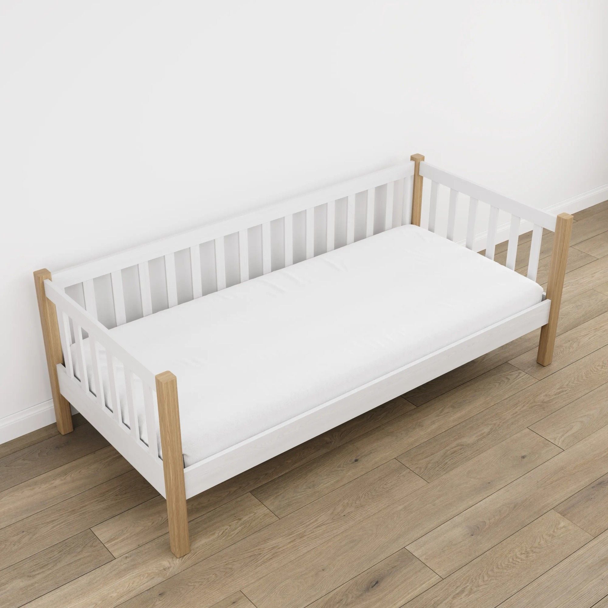Letto divano bianco con quercia – gambe e base in legno, dettaglio su dettaglio