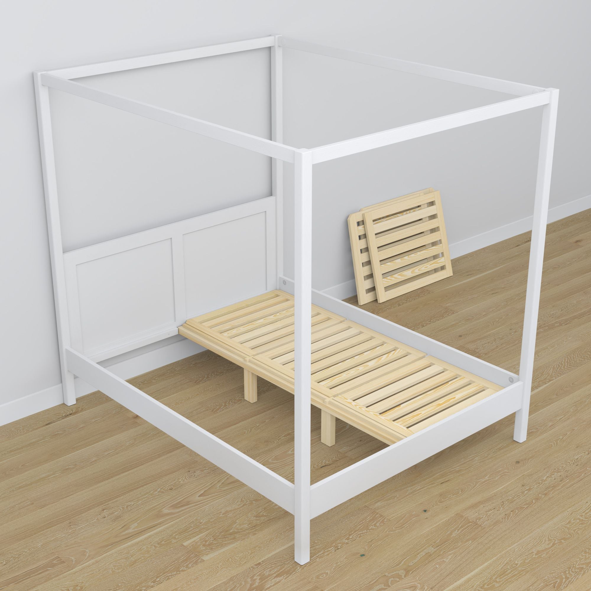 White canopy bed made of wood – angled view, bedroom