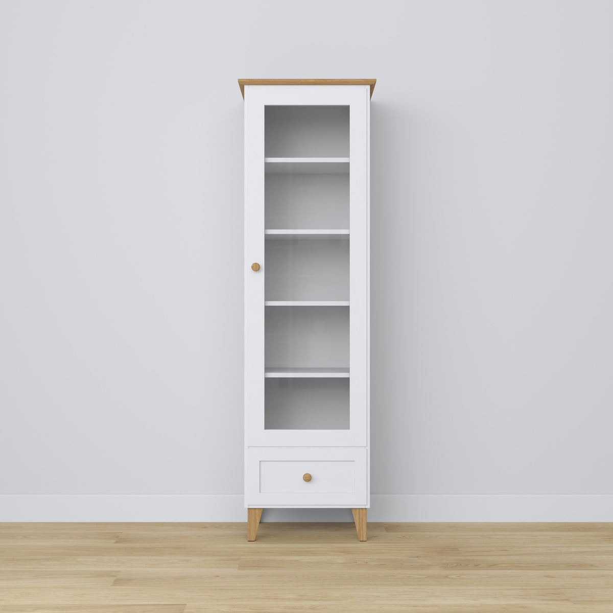 Display cabinet with drawer wooden white with oak 57 cm – living room, Scandinavian style Nizio