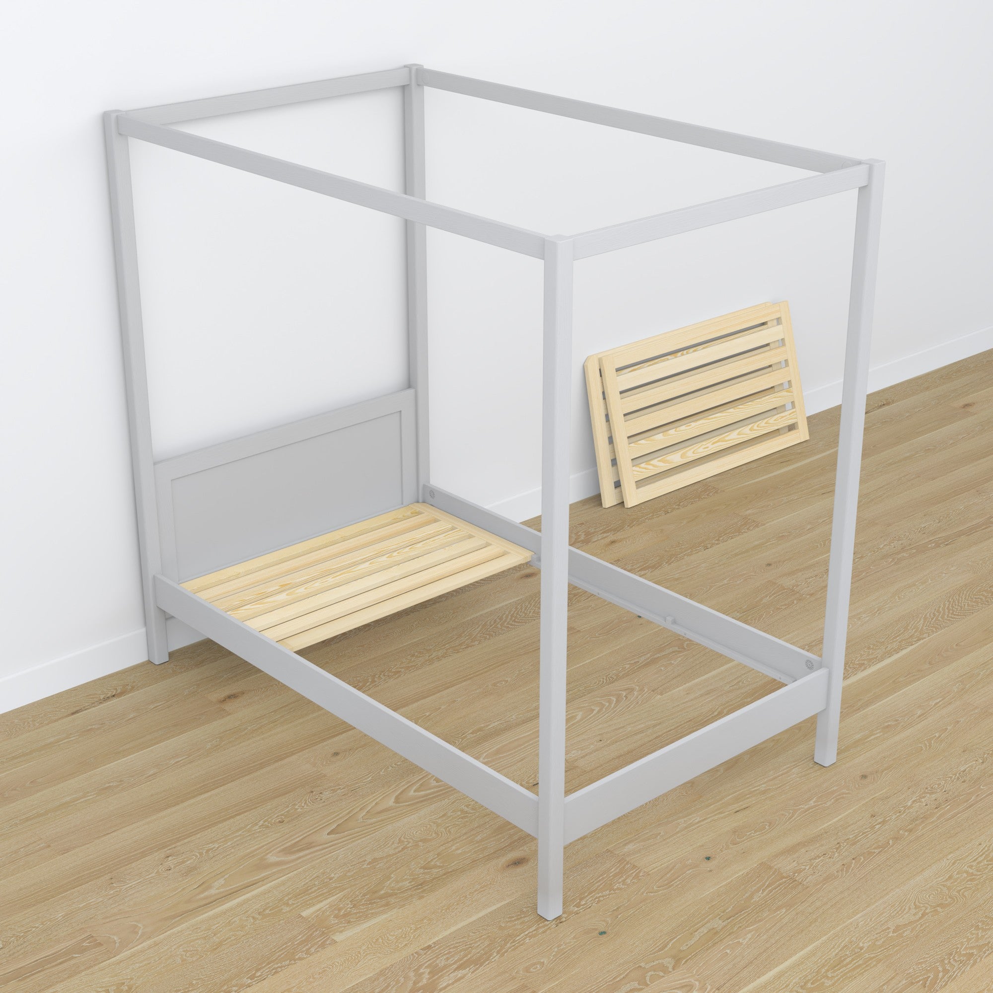 Bed grey with canopy in a children’s room – scandi arrangement