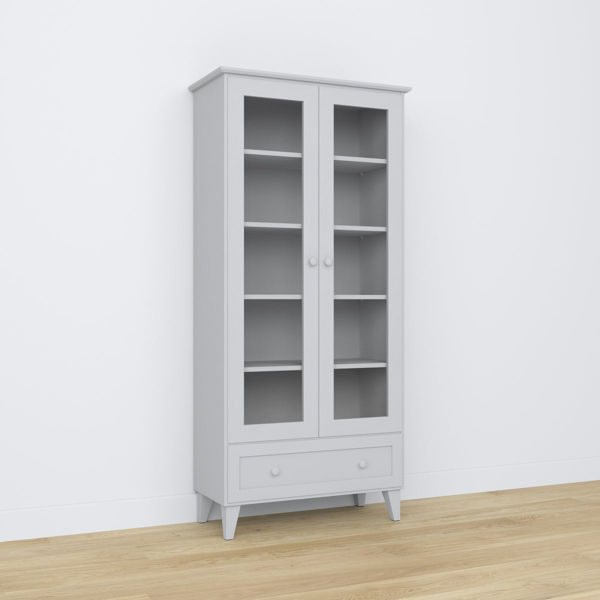 Display cabinet 1S 90 grey – wooden, glass door, front view