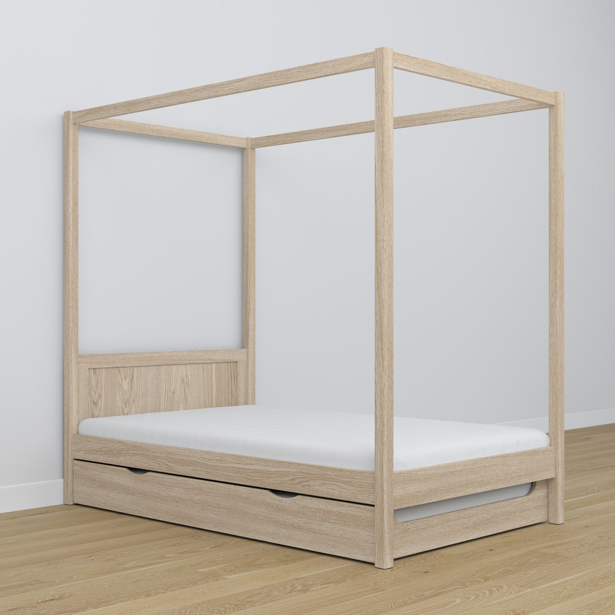 Bleached Oak Canopy Bed – Drawer for Additional Mattress, Oak