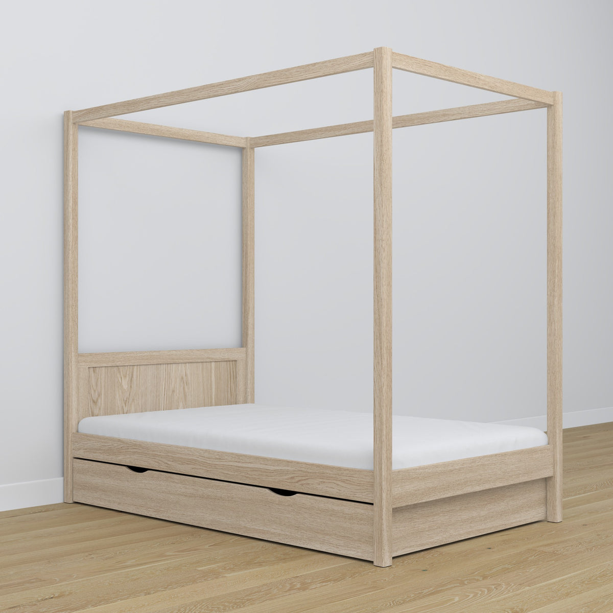 Letto con baldacchino in rovere sbiancata in nella cameretta dei bambini – allestimento scandi