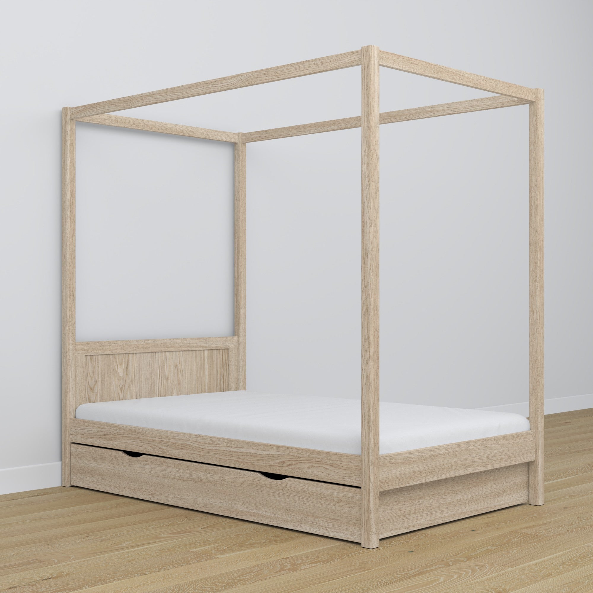 Letto con baldacchino in rovere sbiancata in nella cameretta dei bambini – allestimento scandi