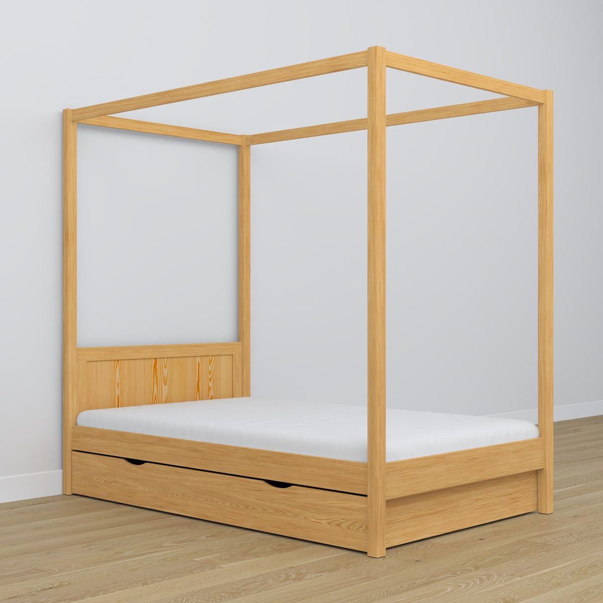 Wooden natural pine canopy bed in a child’s room – scandi arrangement