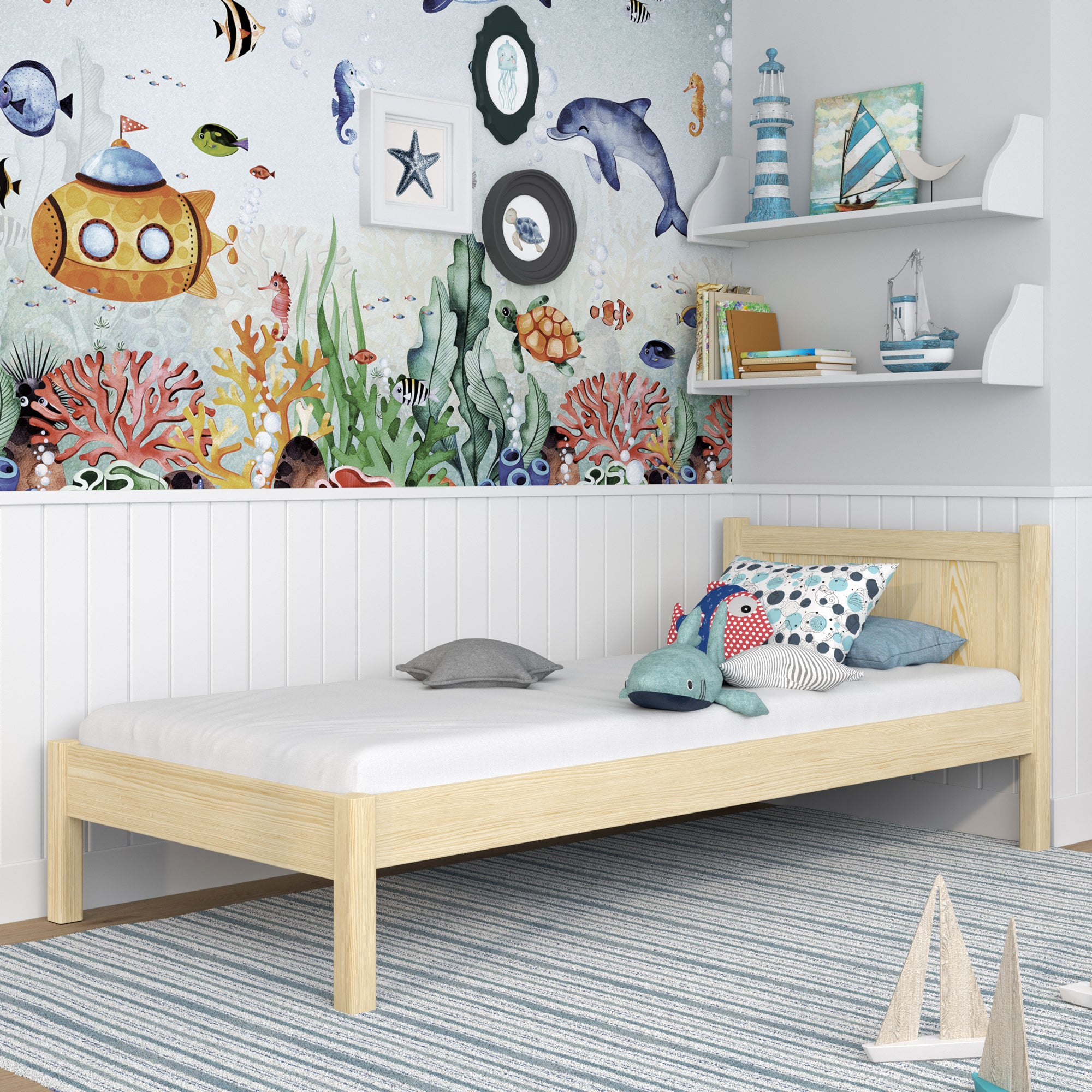 Clear pine bed – wooden headboard, close-up of wood quality, Nizio