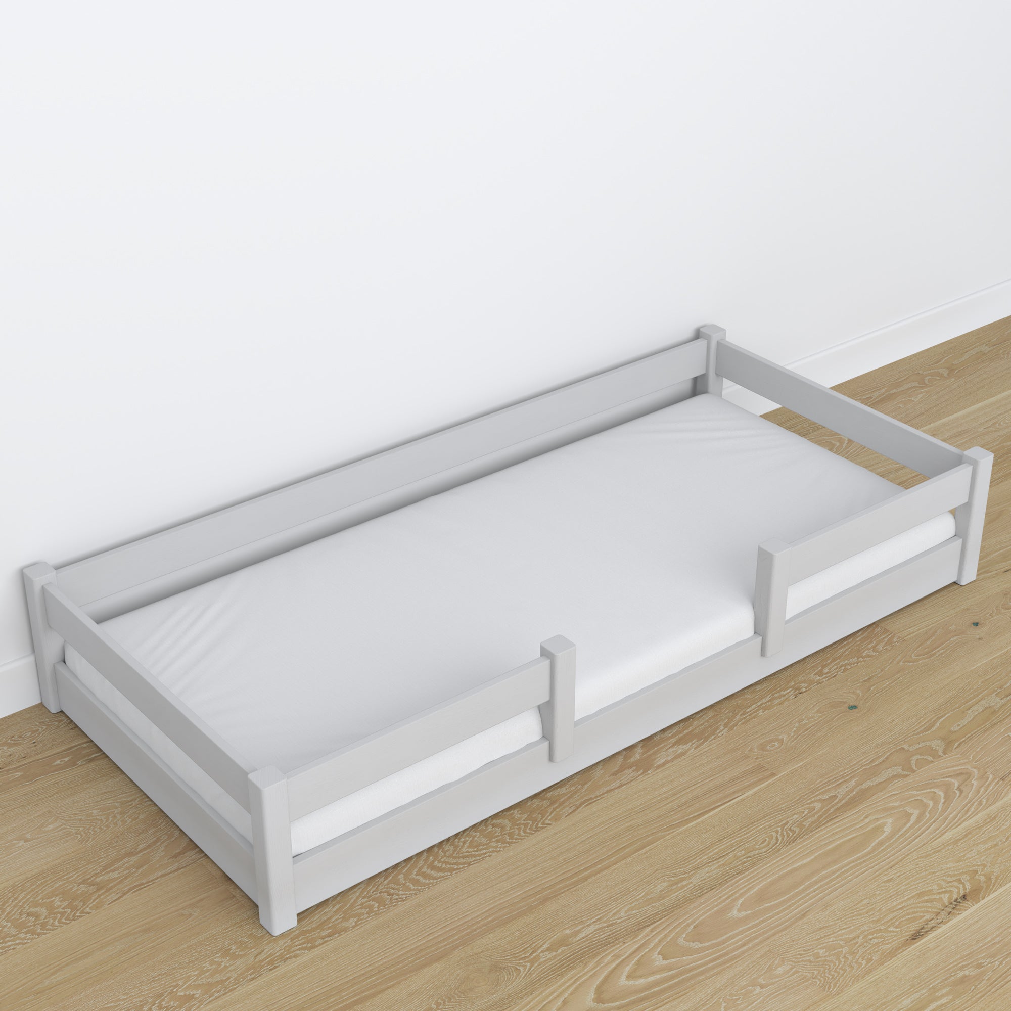 Low Bed Wooden Grey – Low Frame, Side View, Scandi Bedroom