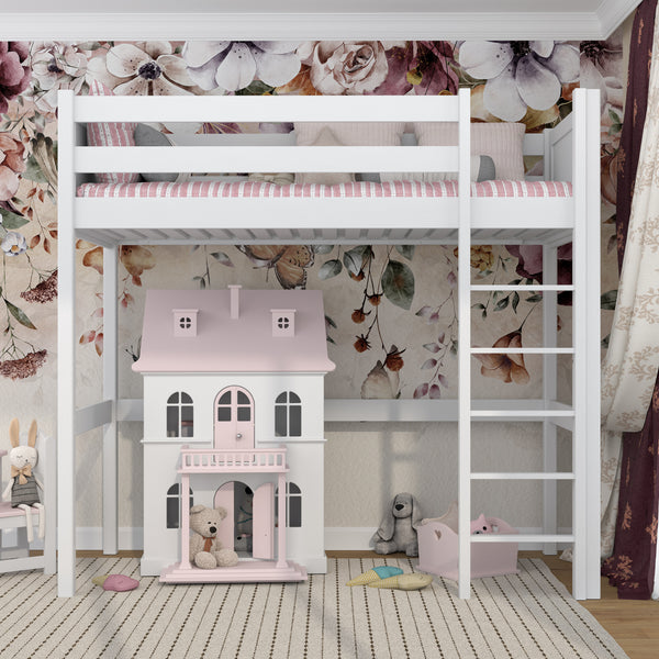 Loft bed white – wooden ladder and safety rail, Nizio Home