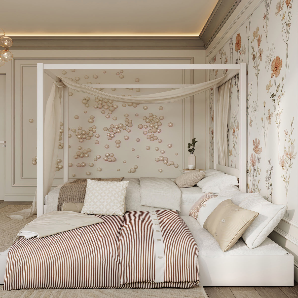Letto con baldacchino in legno bianco – cassetto estratto, spazio su ospiti