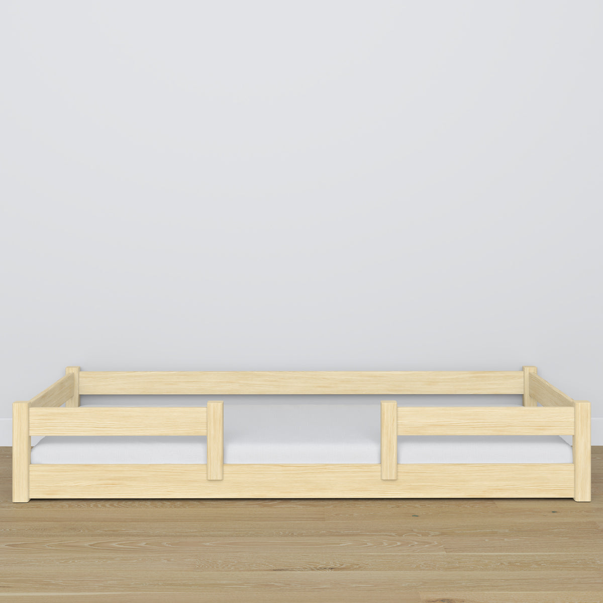 Letto basso pino trasparente in camera da letto – allestimento scandinava, in legno