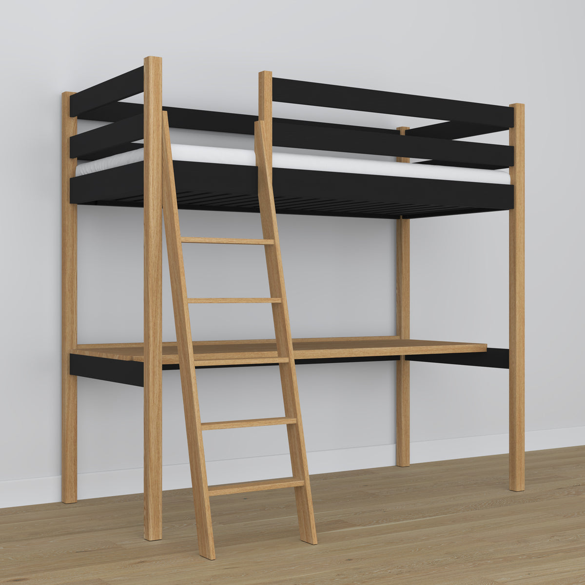 Black and Oak Wooden Loft Bed with Desk – Frame and Slats, Nizio