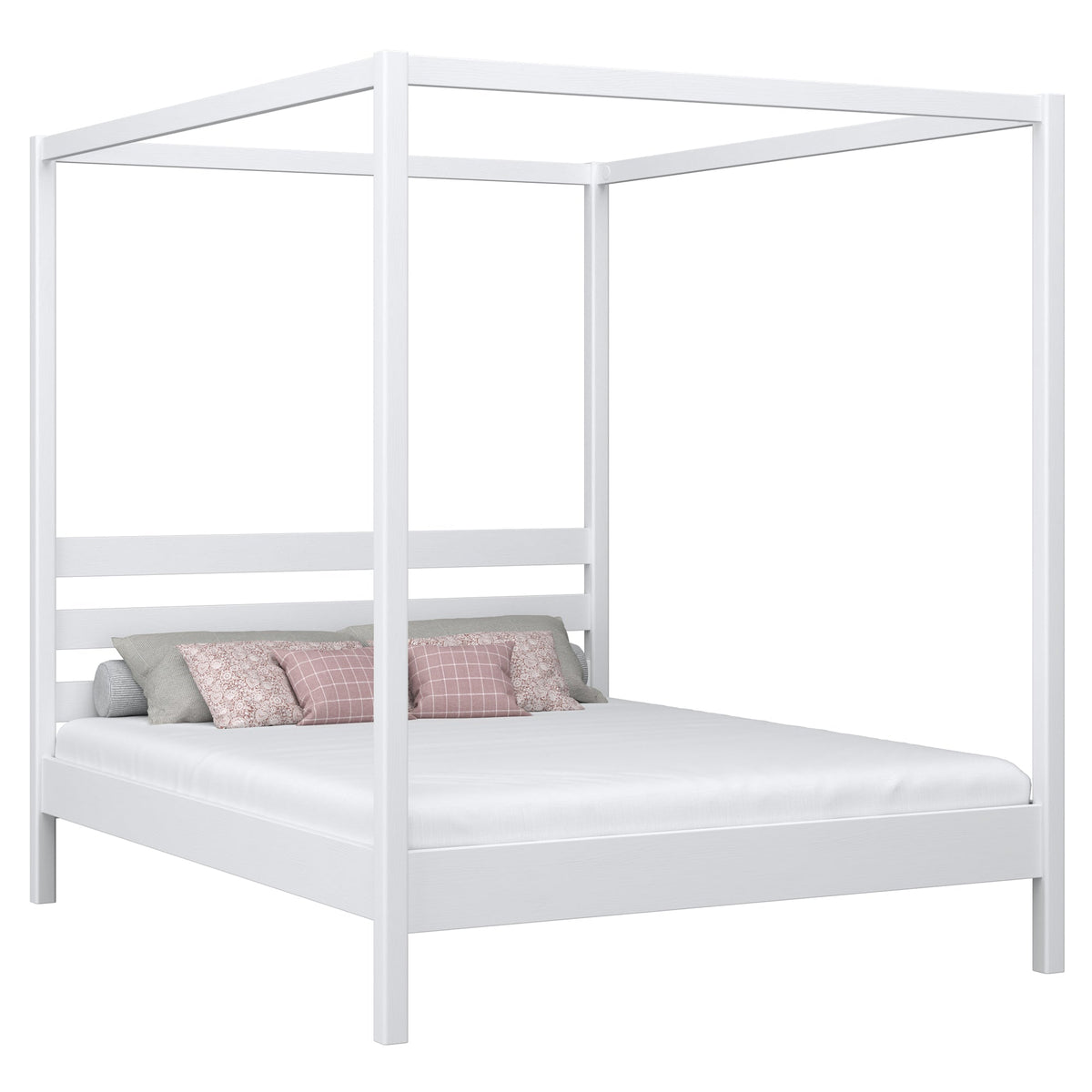 Letto matrimoniale con baldacchino bianco – struttura e doghe, in legno, Nizio
