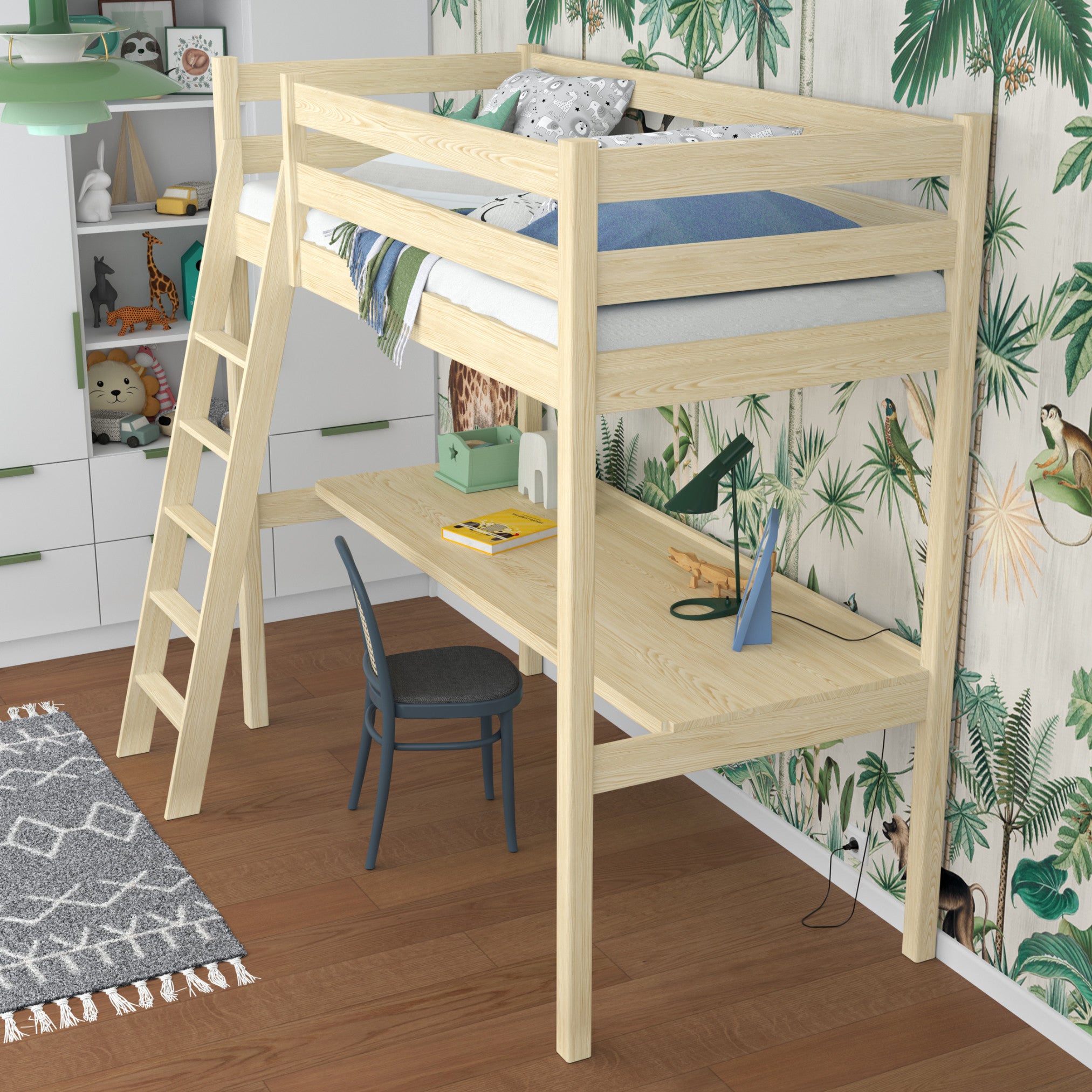 Loft bed clear pine – wooden desk under the sleeping area, scandi children’s room