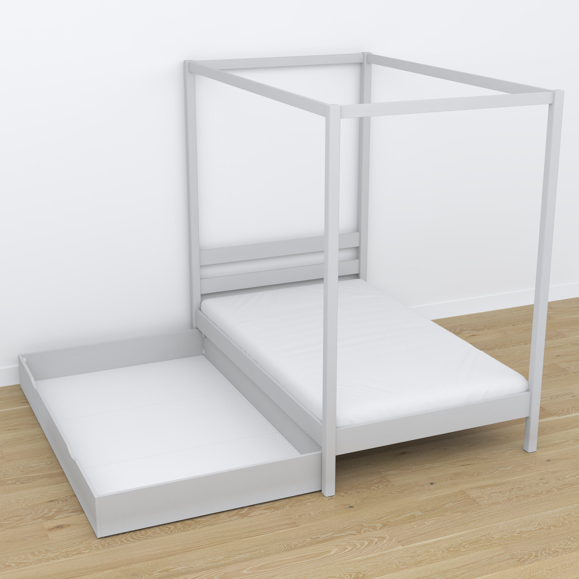 Bed grey with canopy and drawer – side view, wooden