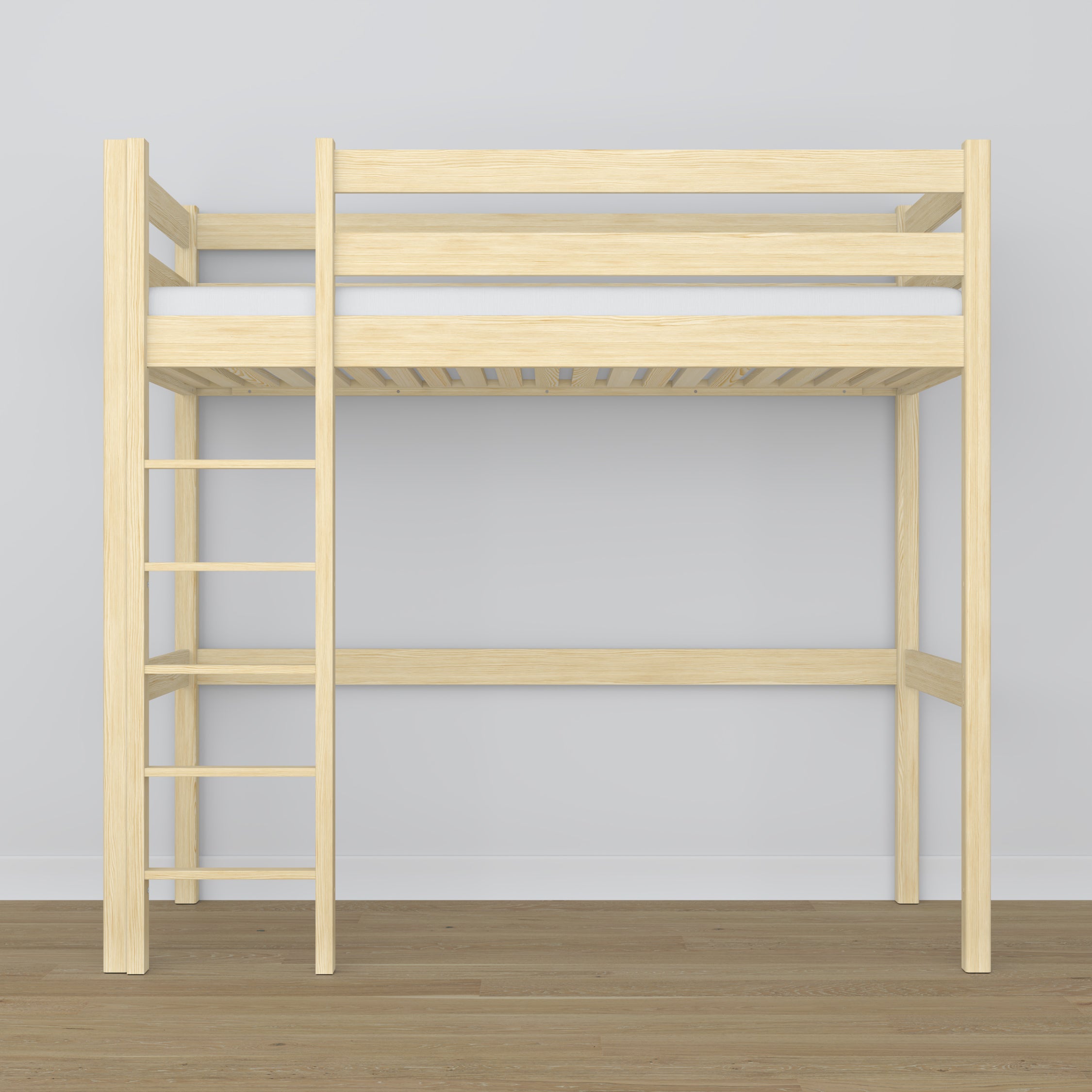 Loft bed clear pine – wooden ladder and safety rail, Nizio Home