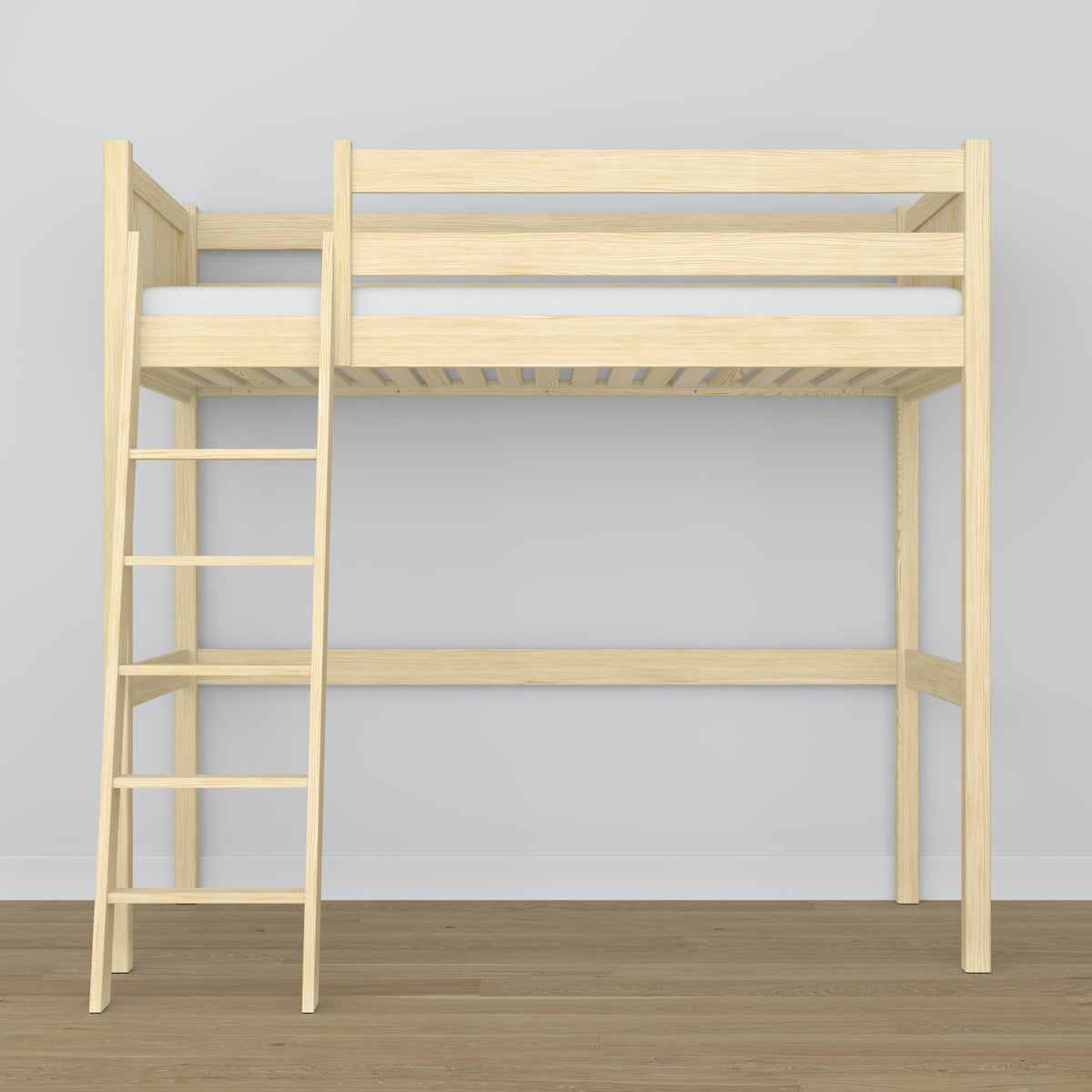 Loft bed clear pine – wooden ladder and safety rail, Nizio Home