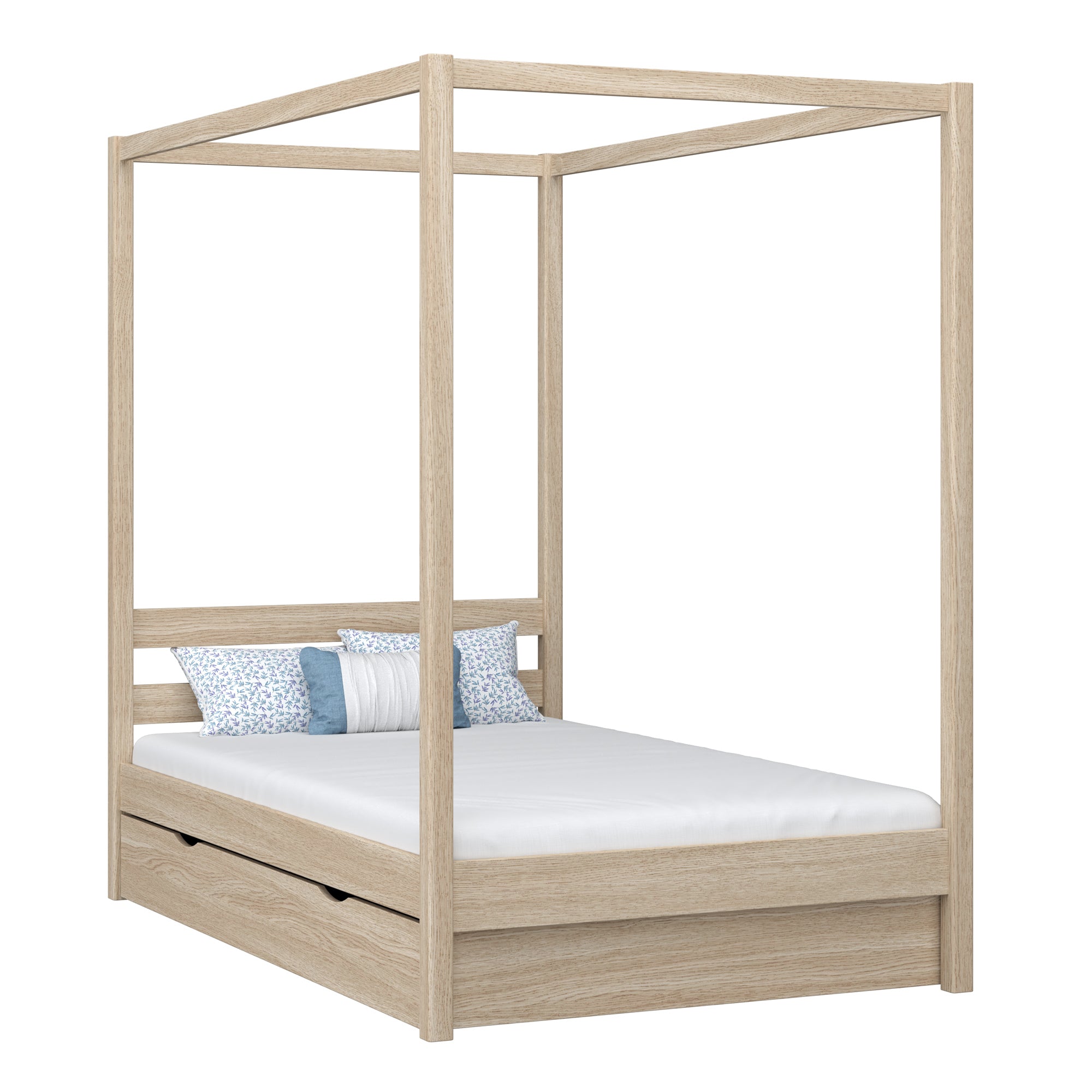 Letto con baldacchino e cassetto in rovere sbiancata – stanza per bambini, stile scandi