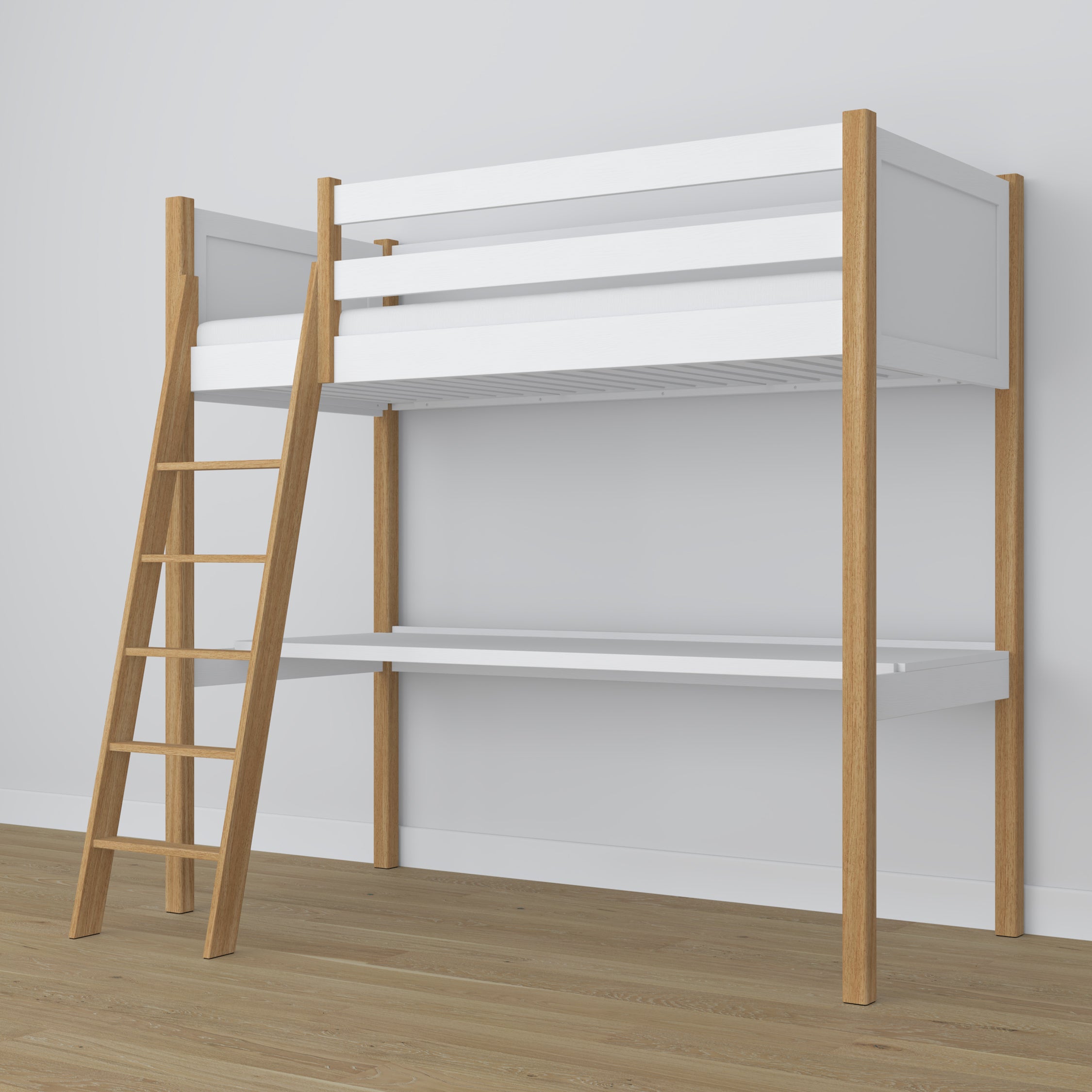 Letto a soppalco in legno bianco-quercia con scrivania – struttura e doghe, Nizio