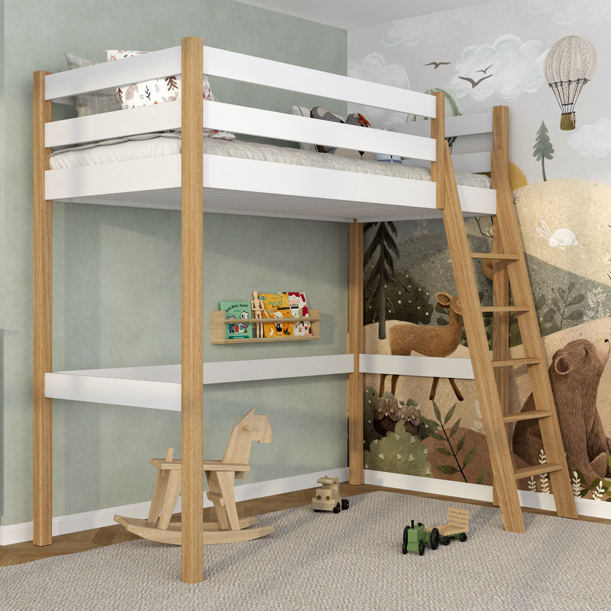 Letto a soppalco in legno bianco-quercia – spazio libero sotto camera da letto, Nizio