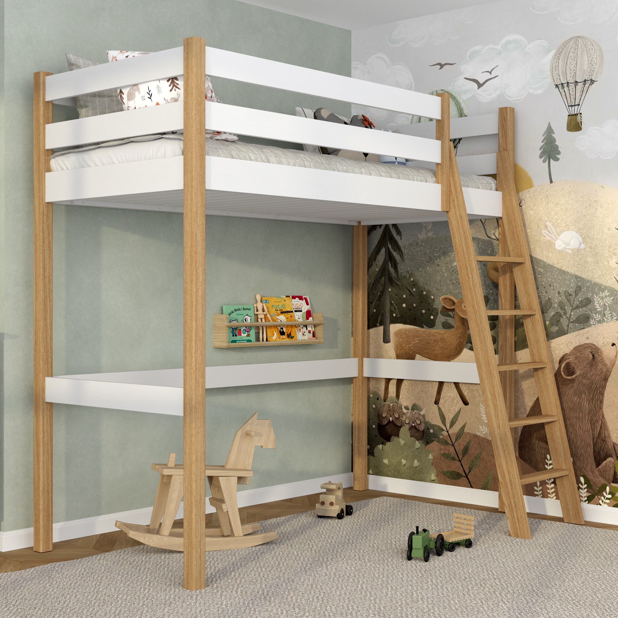 Letto a soppalco in legno bianco-quercia – spazio libero sotto camera da letto, Nizio