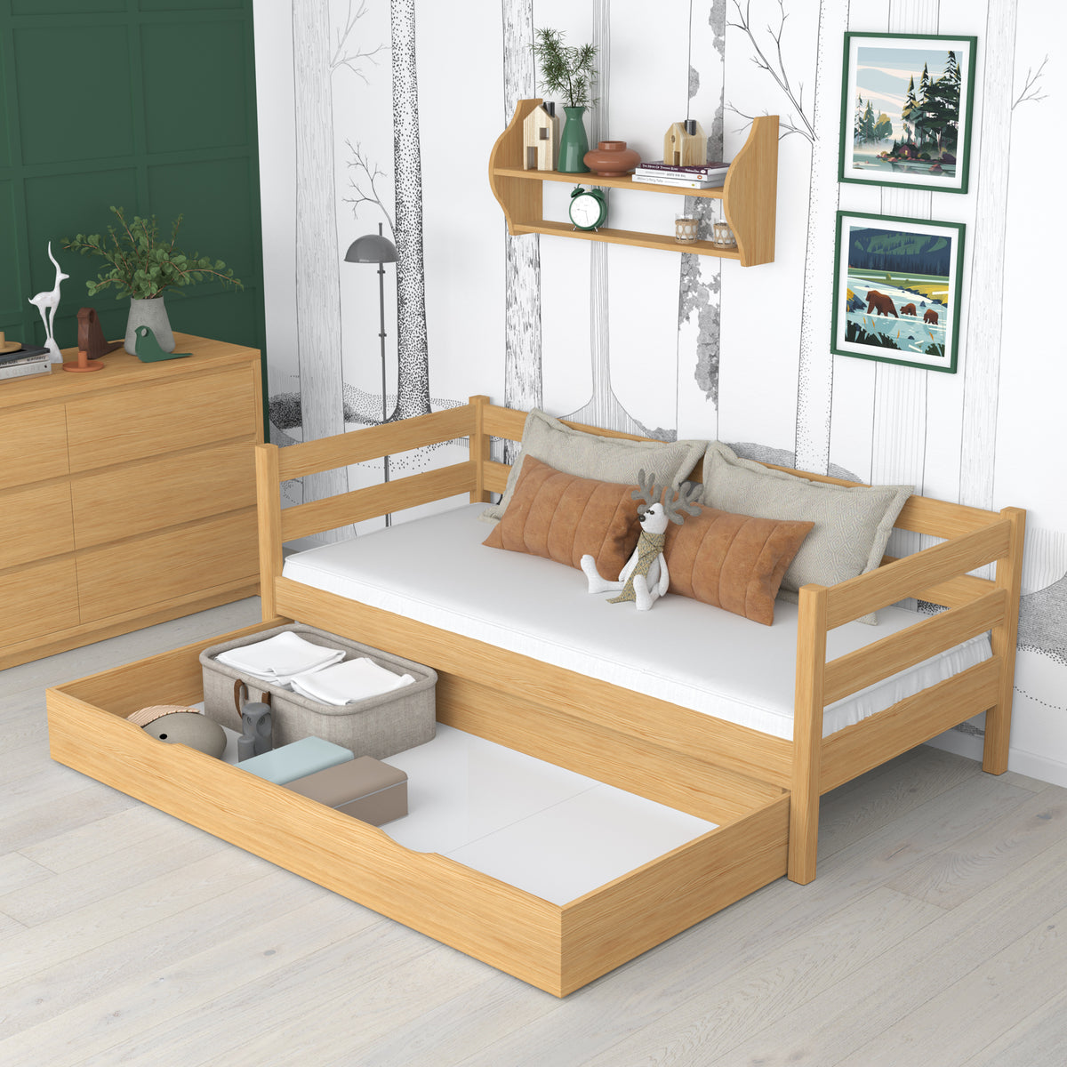 Letto divano pino naturale con cassetto – capiente vano, in legno, Nizio