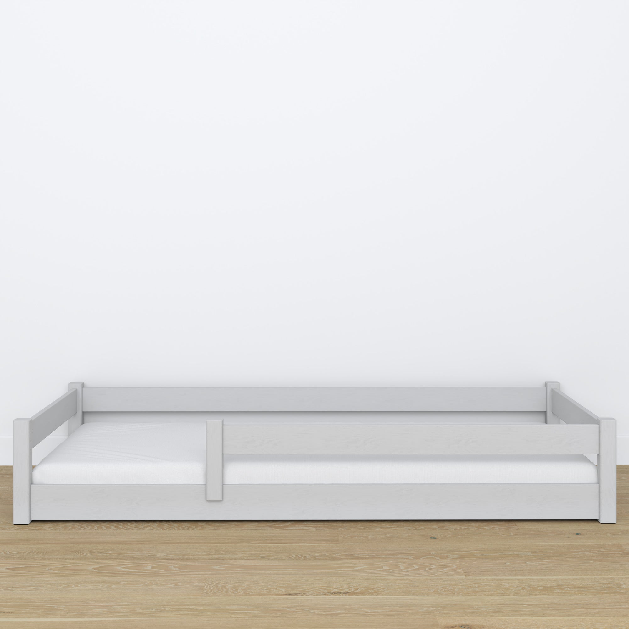 Low Bed Grey – Wooden Headboard, Close-up of Wood Quality
