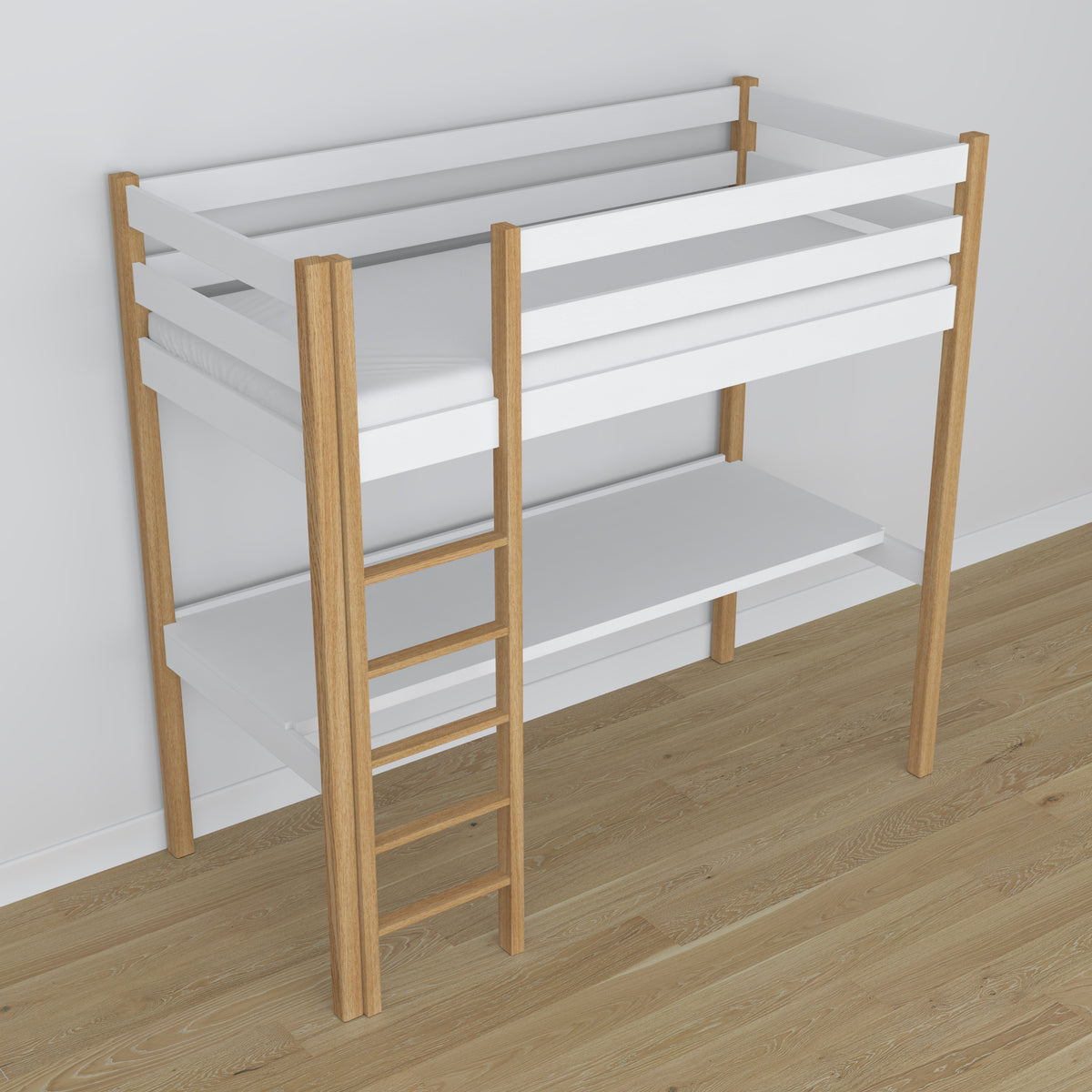 Letto a soppalco bianco-quercia in legno – vista dall'alto su camera da letto, Nizio