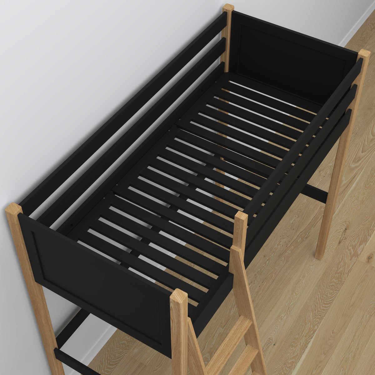 Loft bed black/oak – wooden desk under the sleeping area, scandi children’s room
