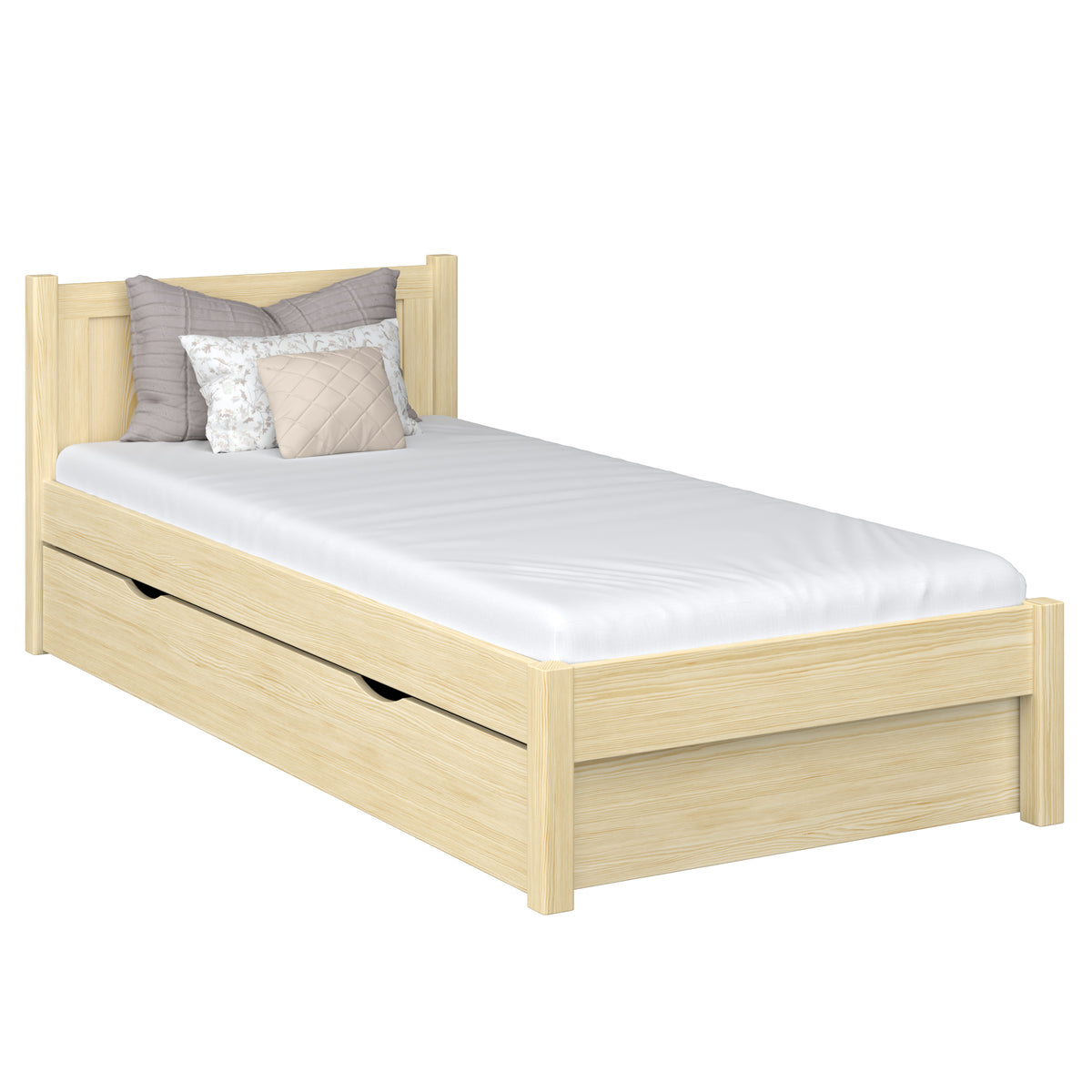 Letto con cassetto in legno pino trasparente – cassetto aperto, ambiente del vano