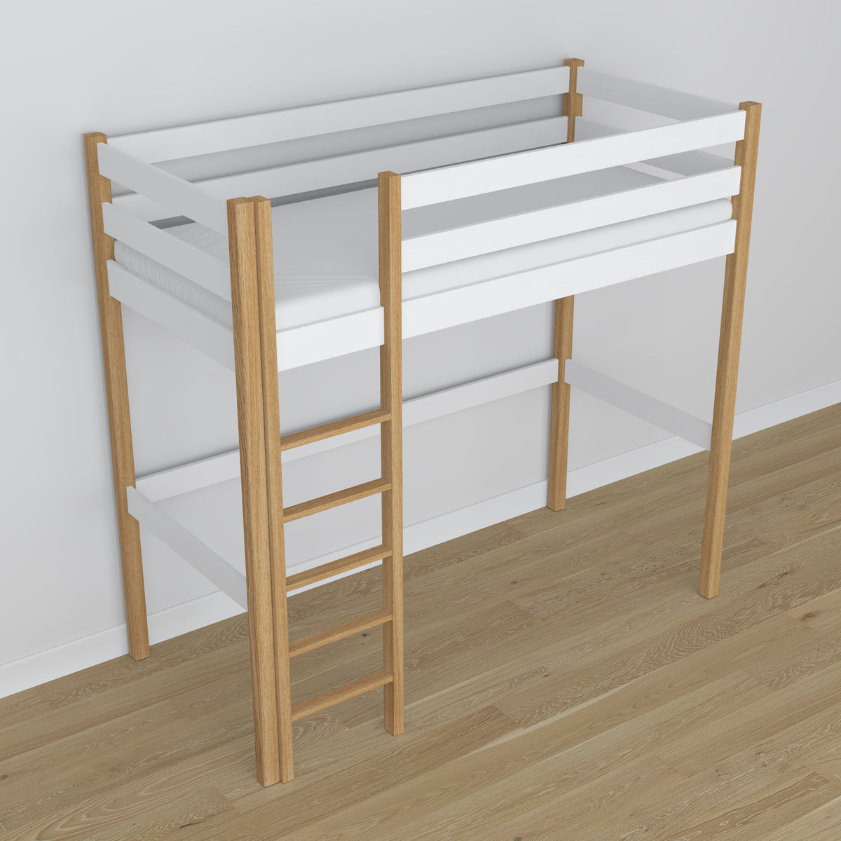 Loft bed white/oak in children’s room – scandi arrangement, wooden