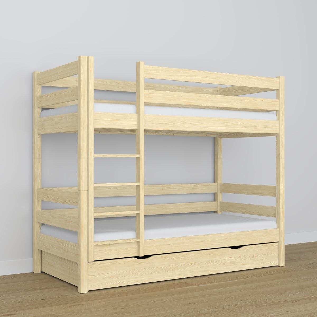 Letto a castello con cassetto pino trasparente in legno – scandinavo design, Nizio