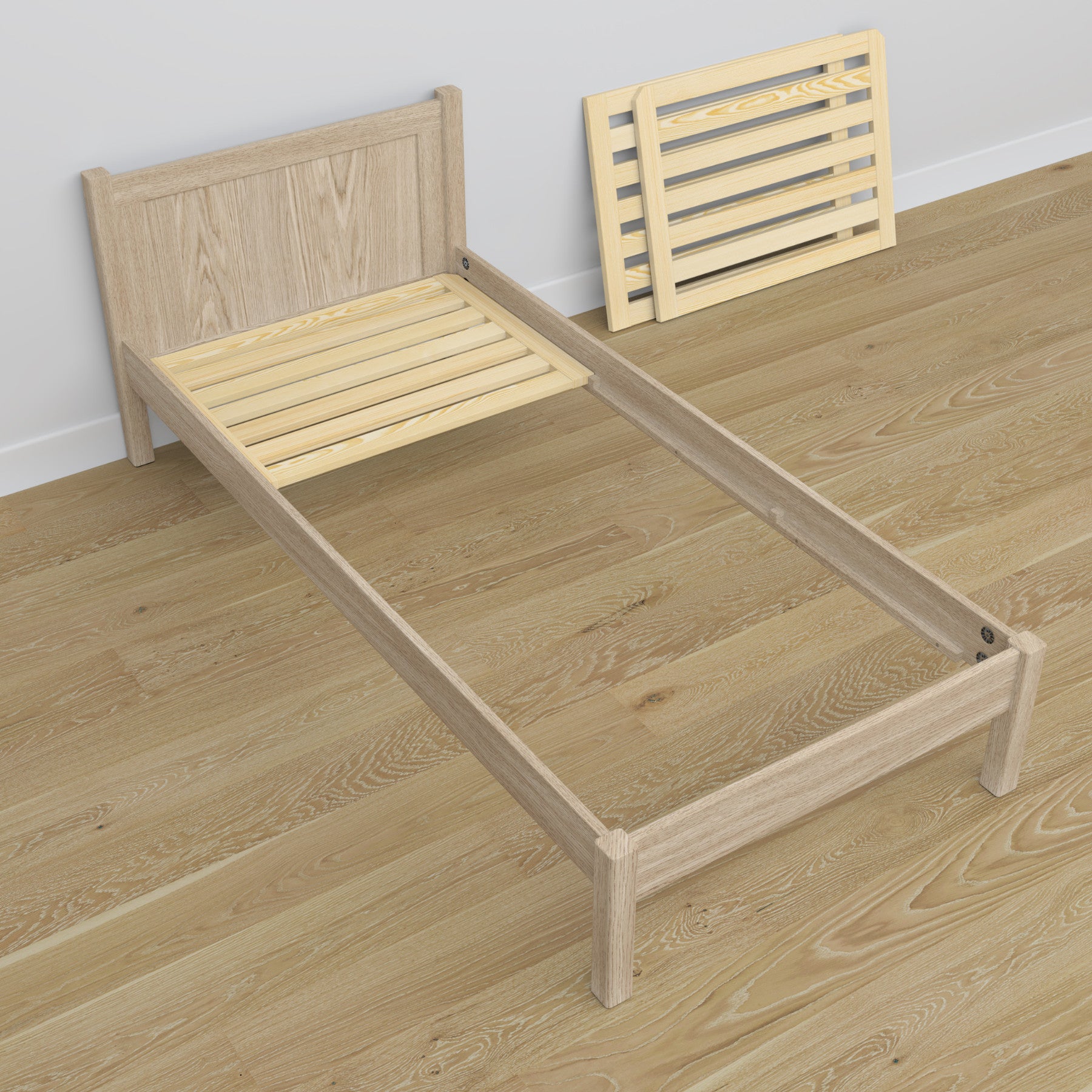 Letto singolo in rovere sbiancata – vista diagonale, stanza per bambini scandi