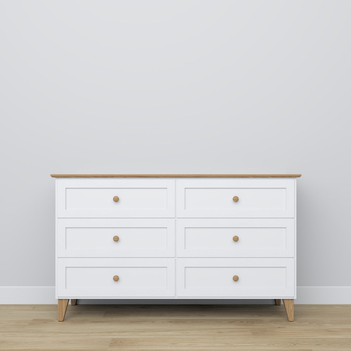 Chest of drawers 6S white with oak wood – side view, depth and profile