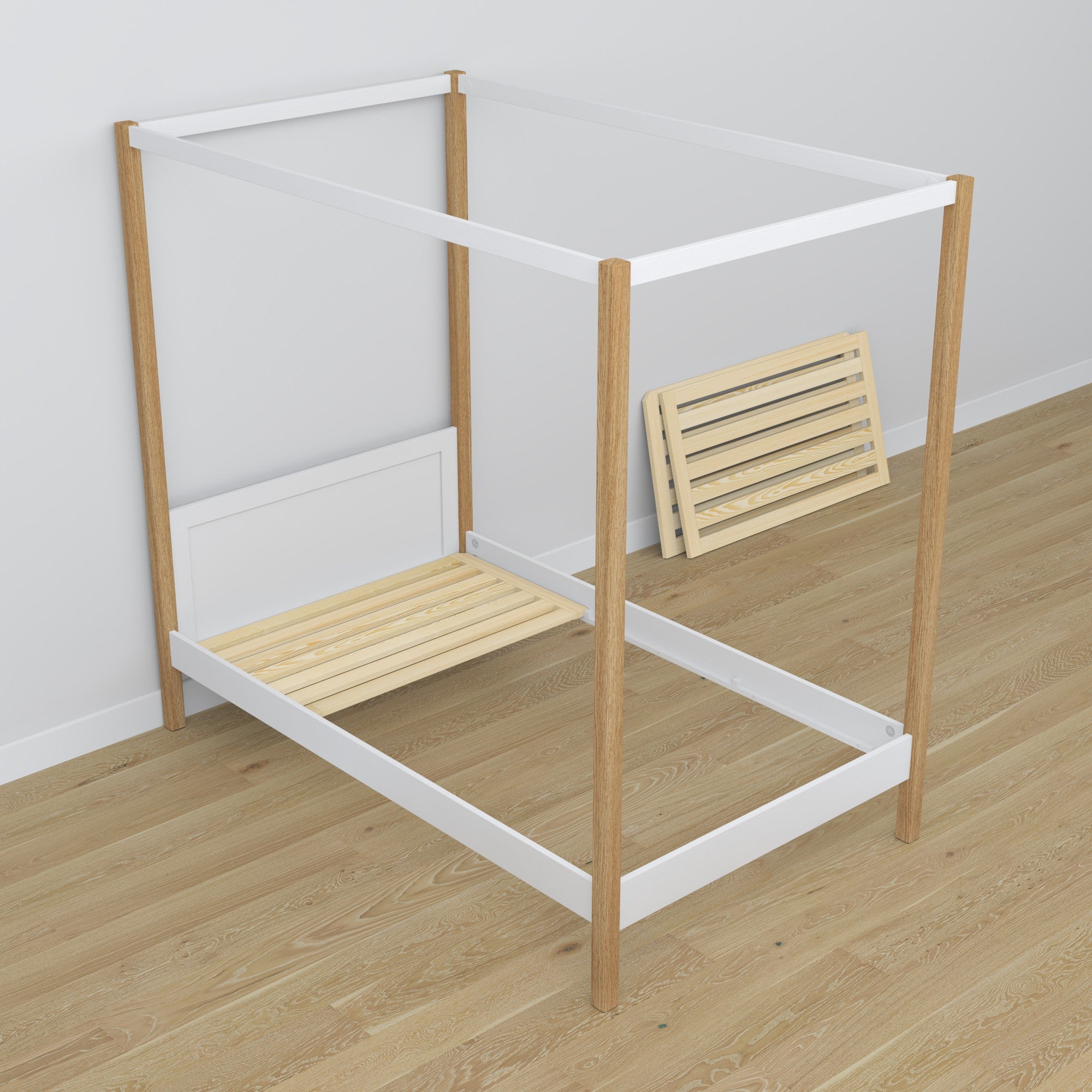 Wooden canopy bed white-oak – scandi child’s room arrangement