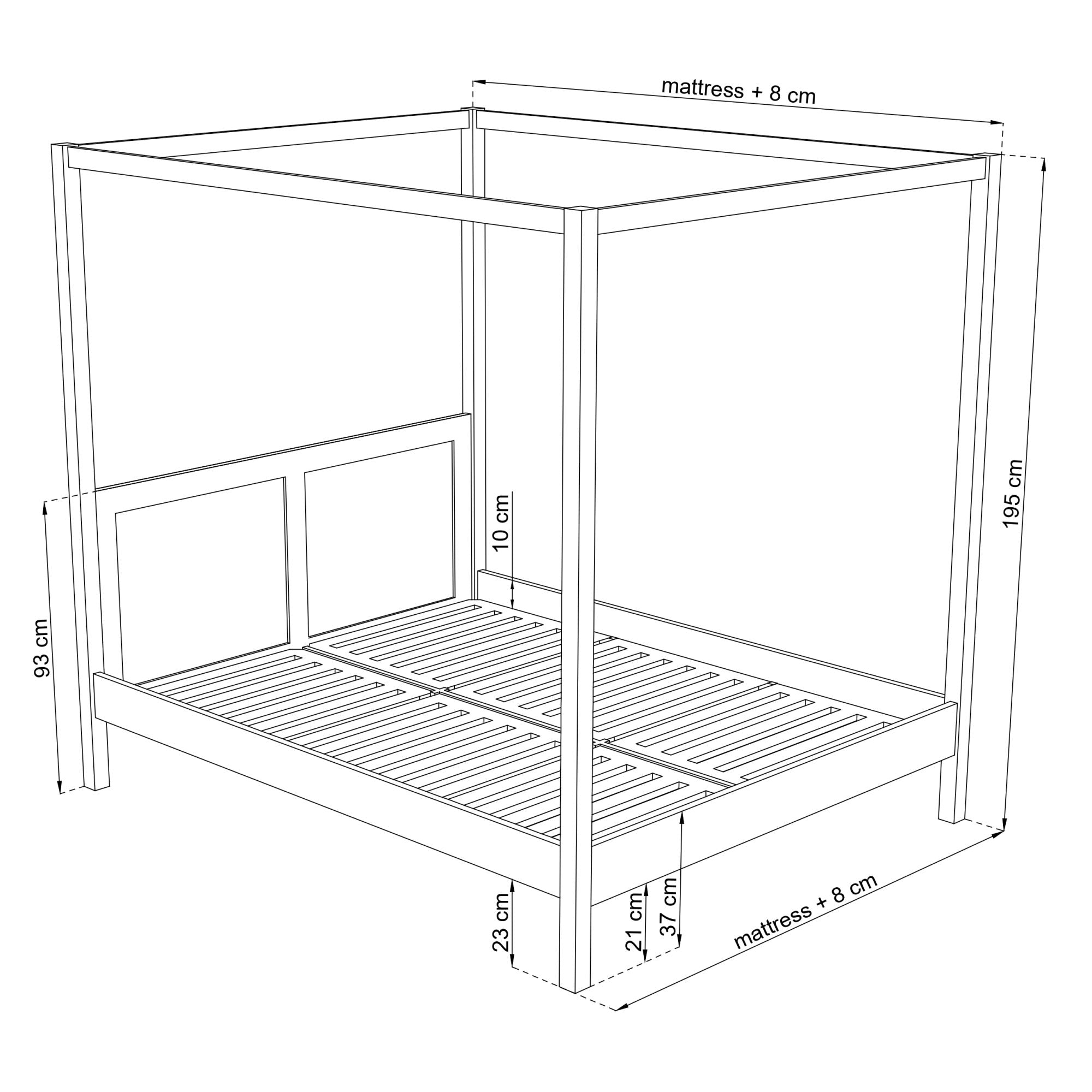 Wooden double bed with canopy white and oak – legs, close-up of details