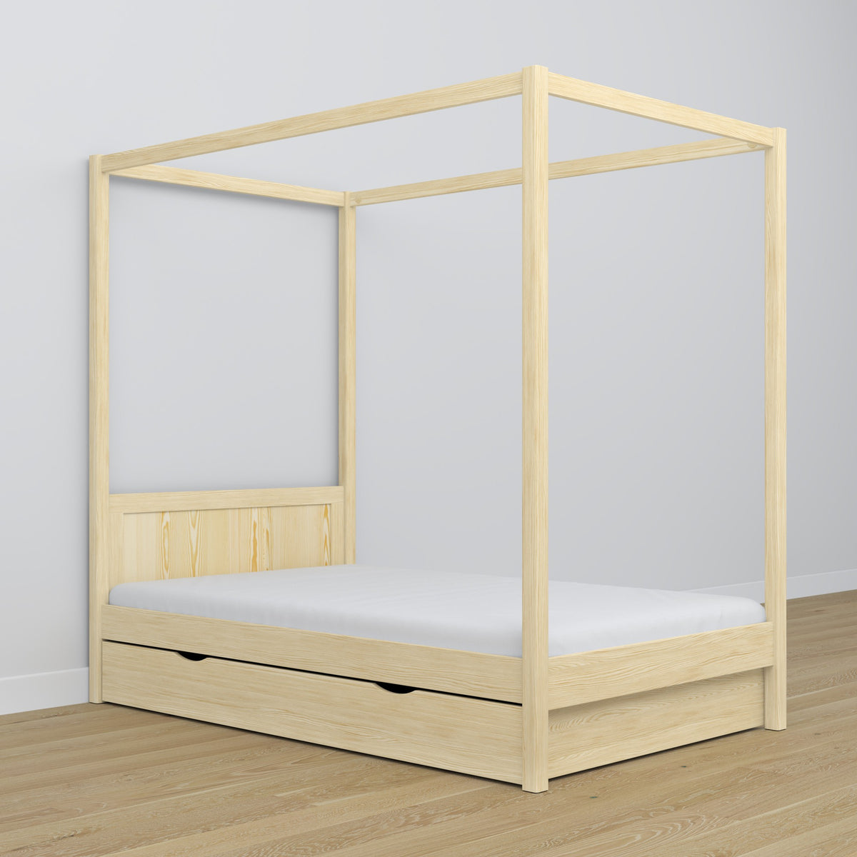 Wooden clear pine canopy bed in a child’s room – scandi arrangement