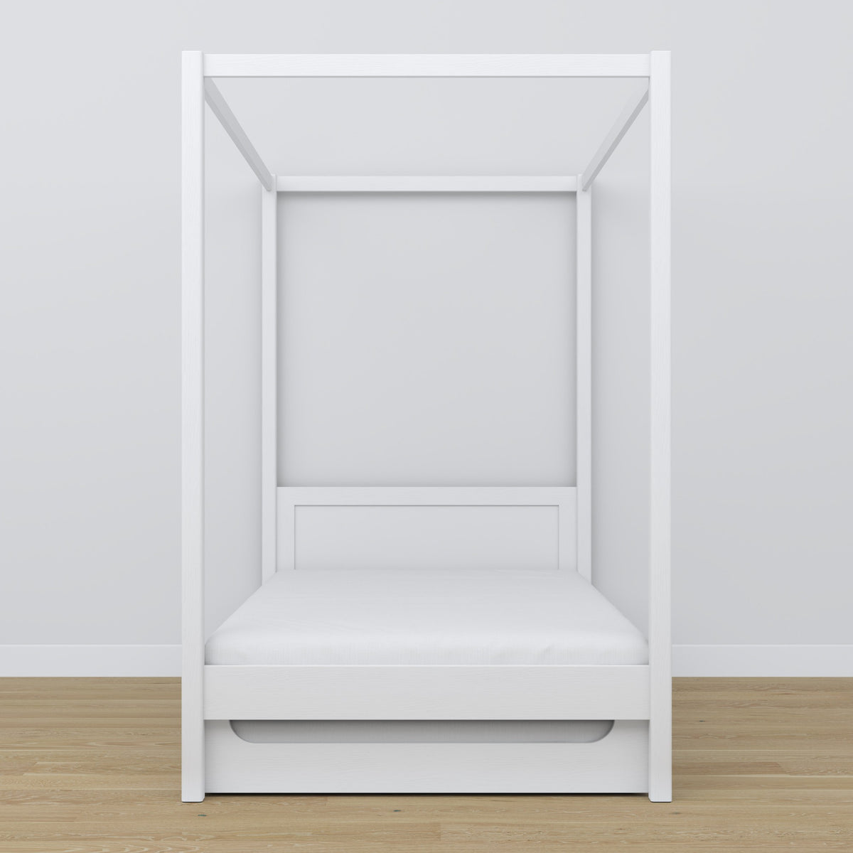 Canopy Bed White with Drawer – Side View, Wooden, Nizio