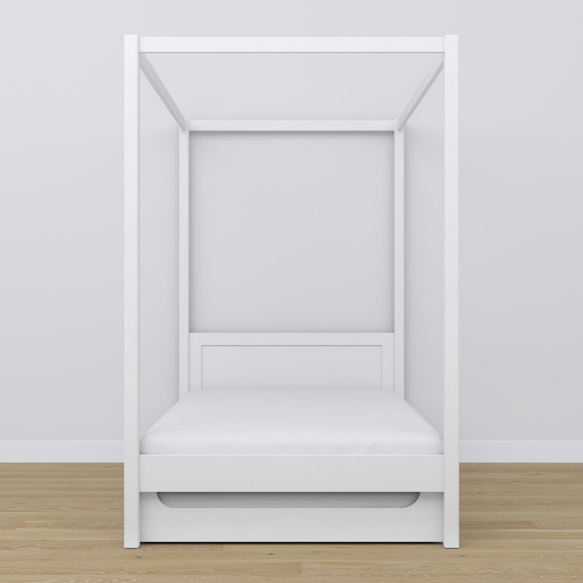 Canopy Bed White with Drawer – Side View, Wooden, Nizio