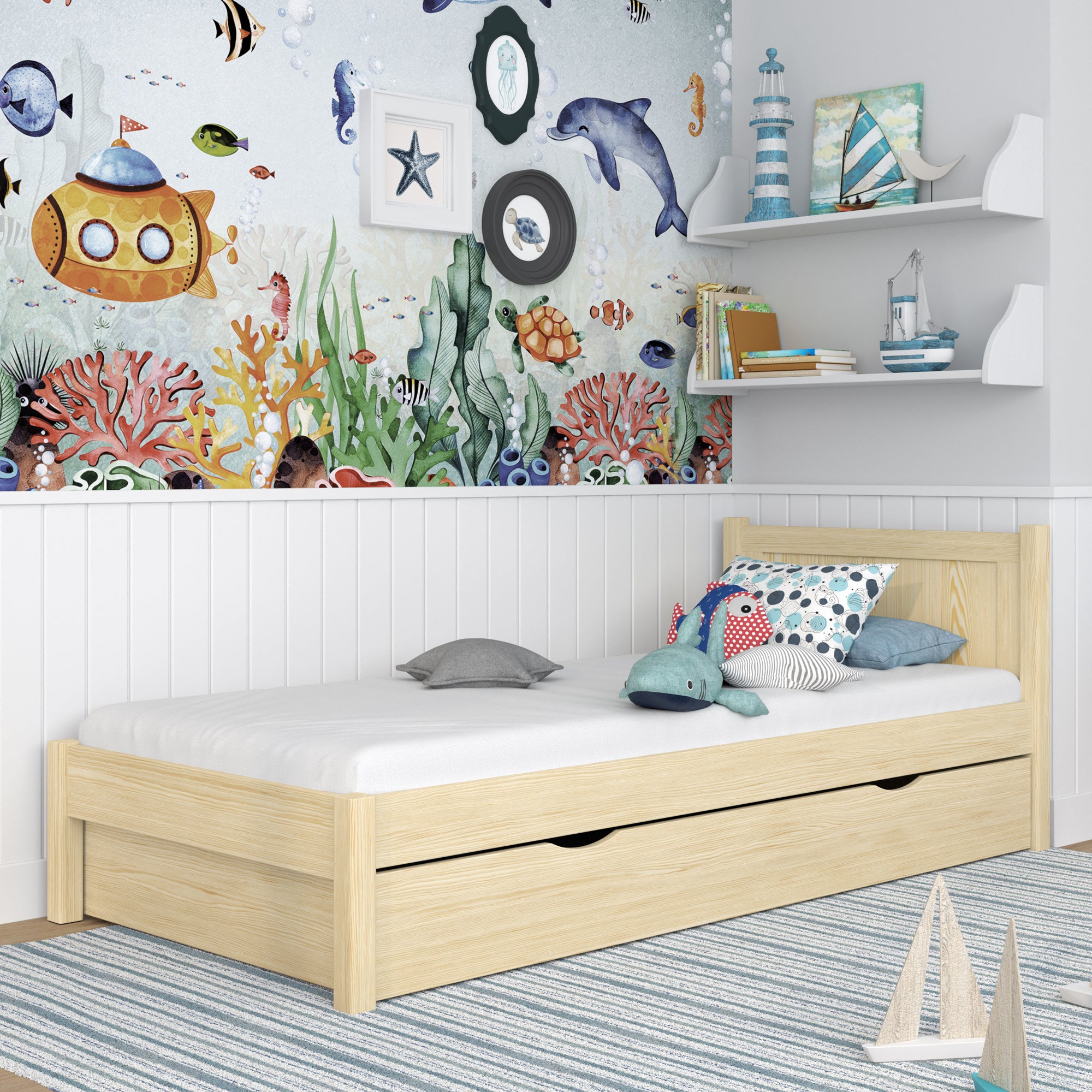 Letto singolo con cassetto in legno pino trasparente – stanza per bambini, stile scandi
