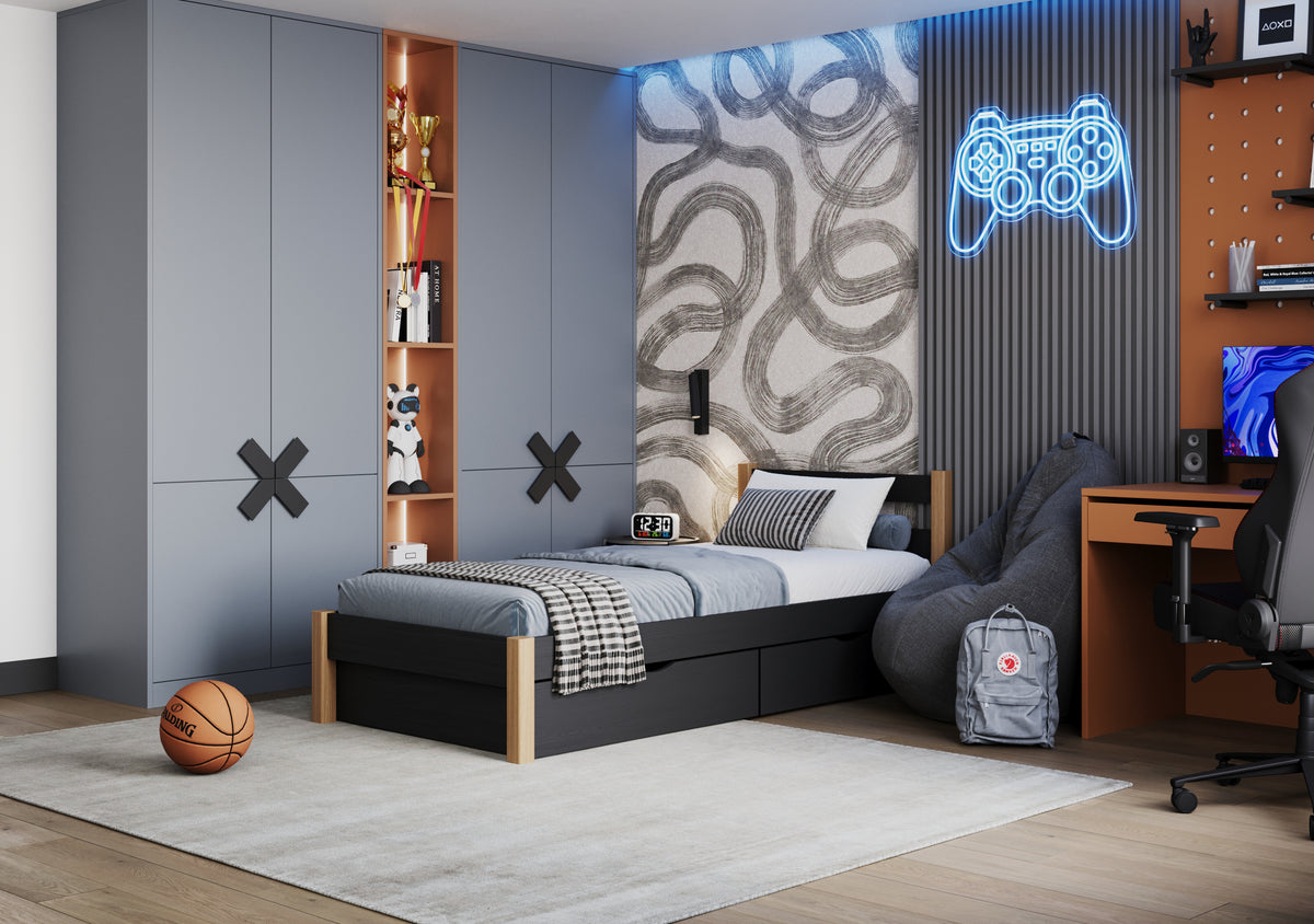 Wooden bed with drawer black-oak – child’s room, scandi arrangement