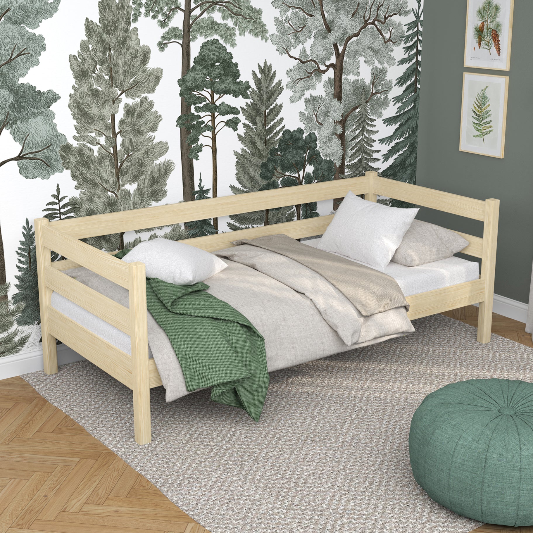 Letto divano pino trasparente in nella cameretta dei bambini – allestimento scandi, in legno