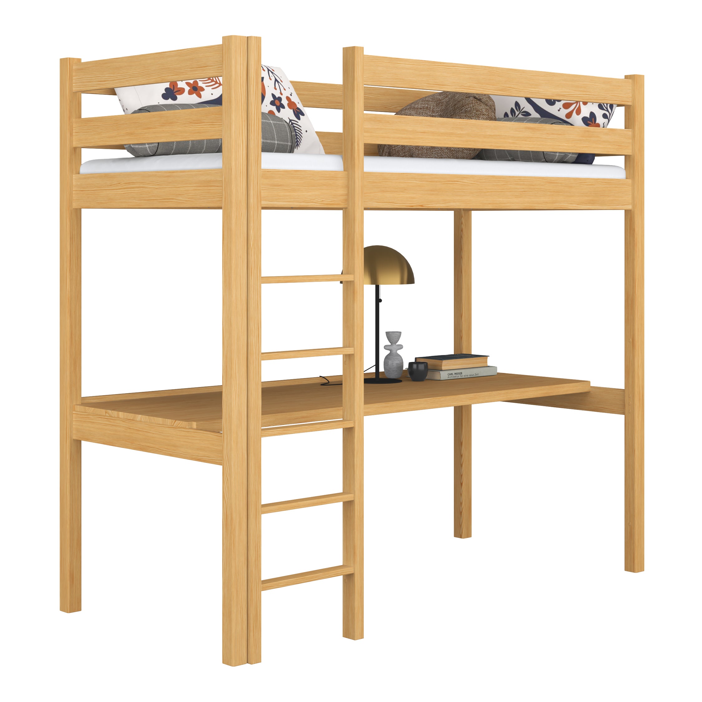 Letto a soppalco con scrivania in legno pino naturale – stanza per bambini, scandi Nizio