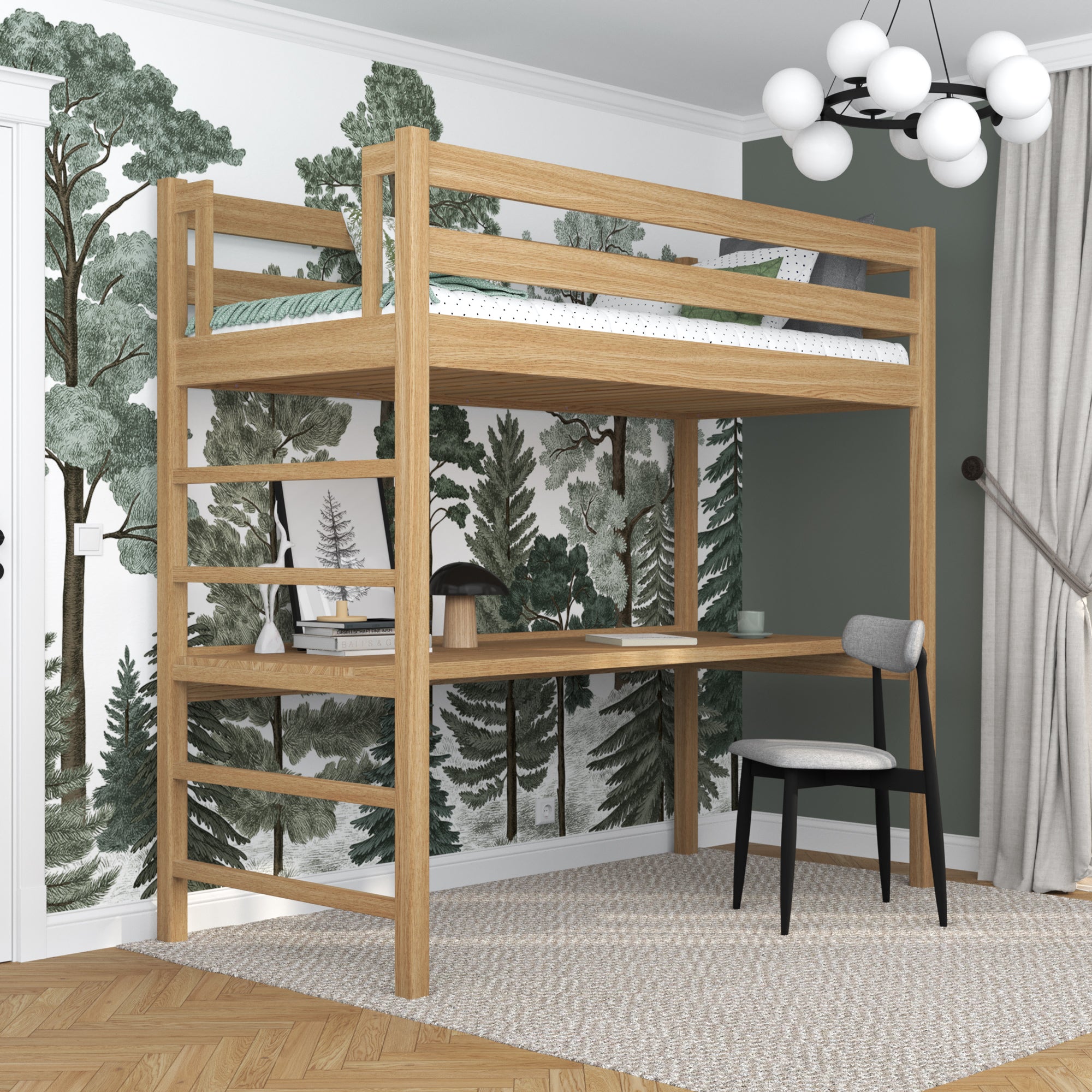 Oak Loft Bed with Desk Natural Oak – Ladder and Safety Rail